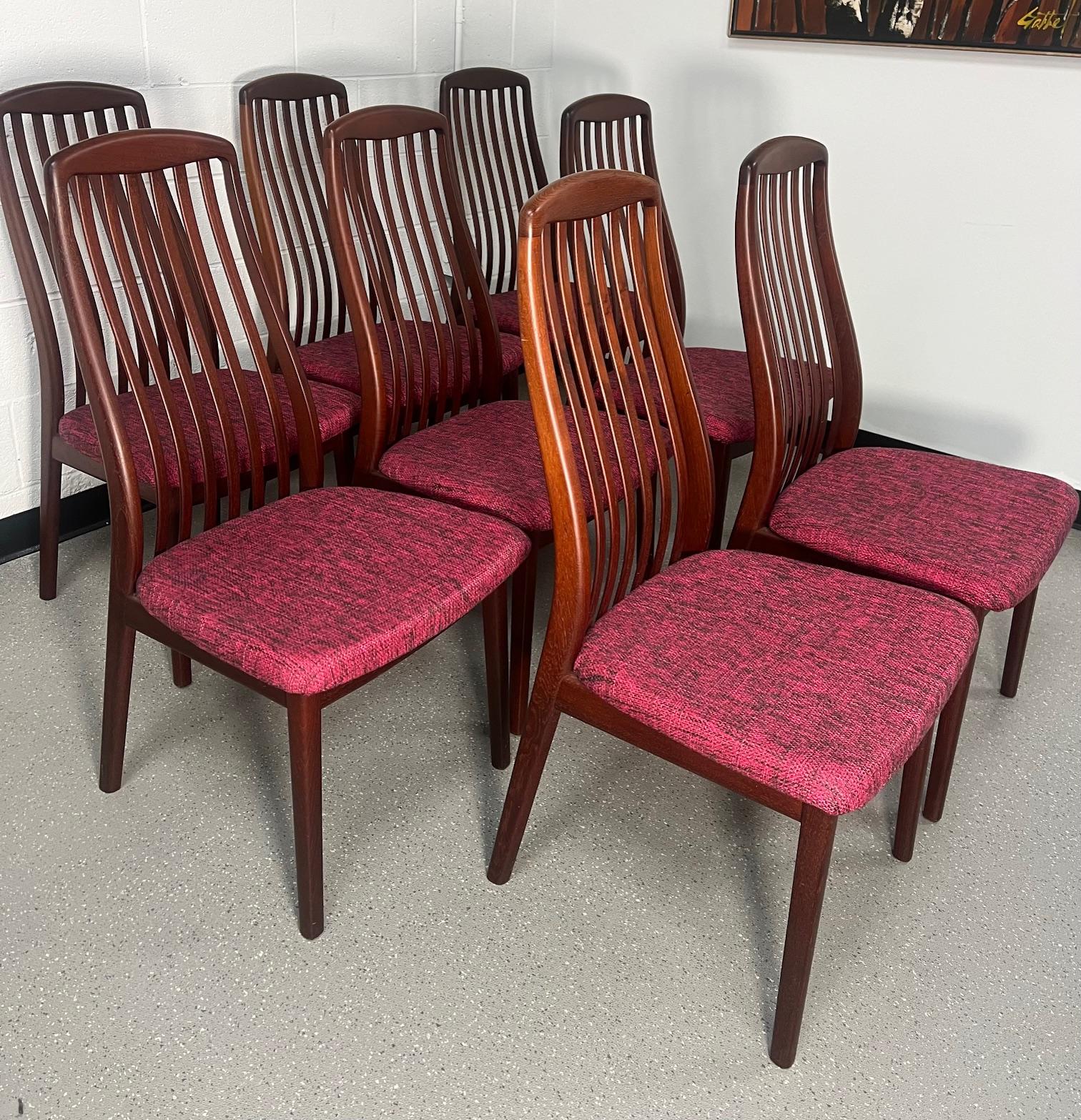Fantastic set of 8 stained rosewood (could also possibly be stained mahogany) dining chairs by Schou Andersen. It came with a rosewood table so we are thinking it may be rosewood. Made in Denmark. Two of the chairs with label underneath.

Excellent