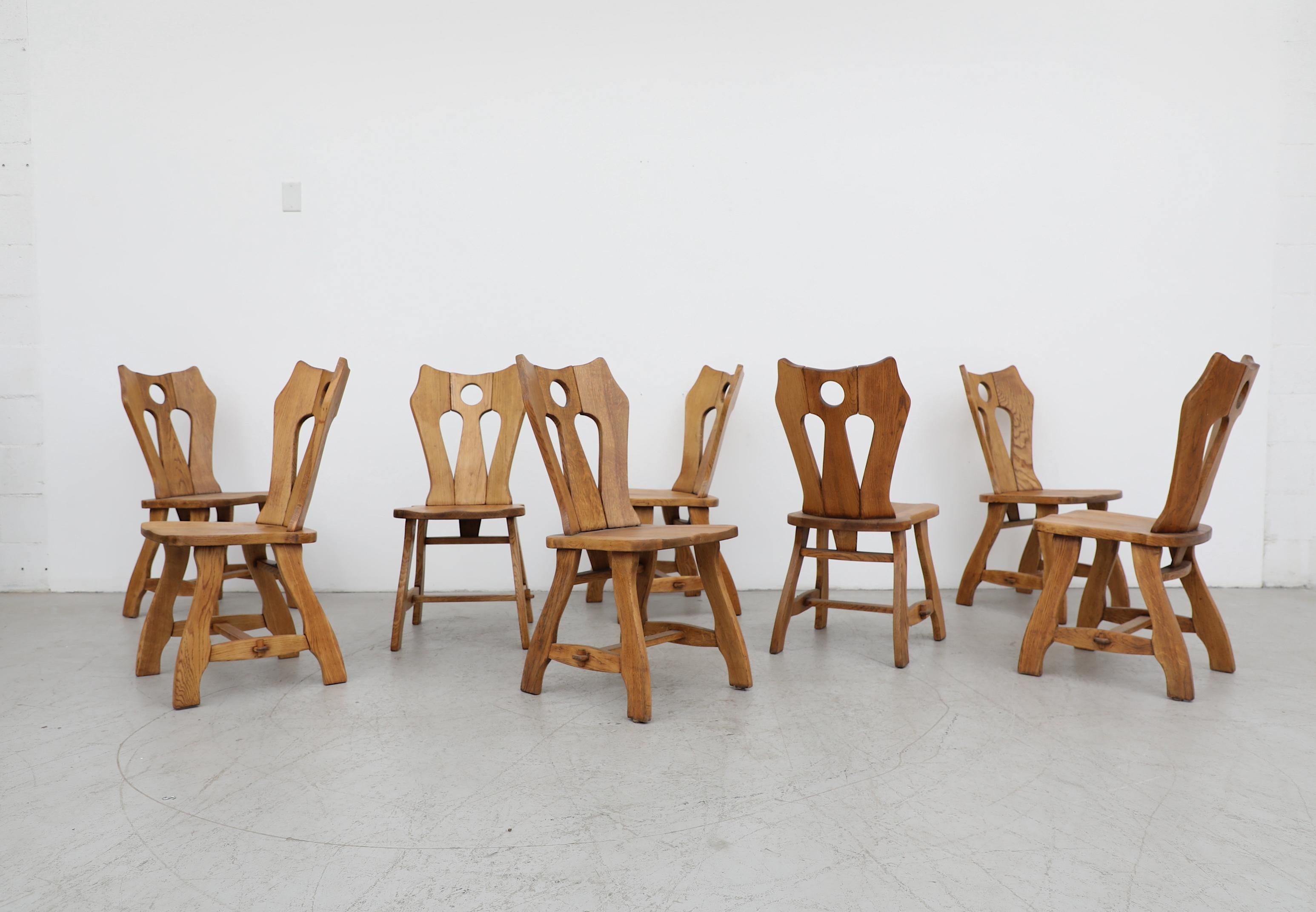 8 Stühle aus der Mitte des Jahrhunderts De Puydt Ornate Brutalist Oak Stühle 12