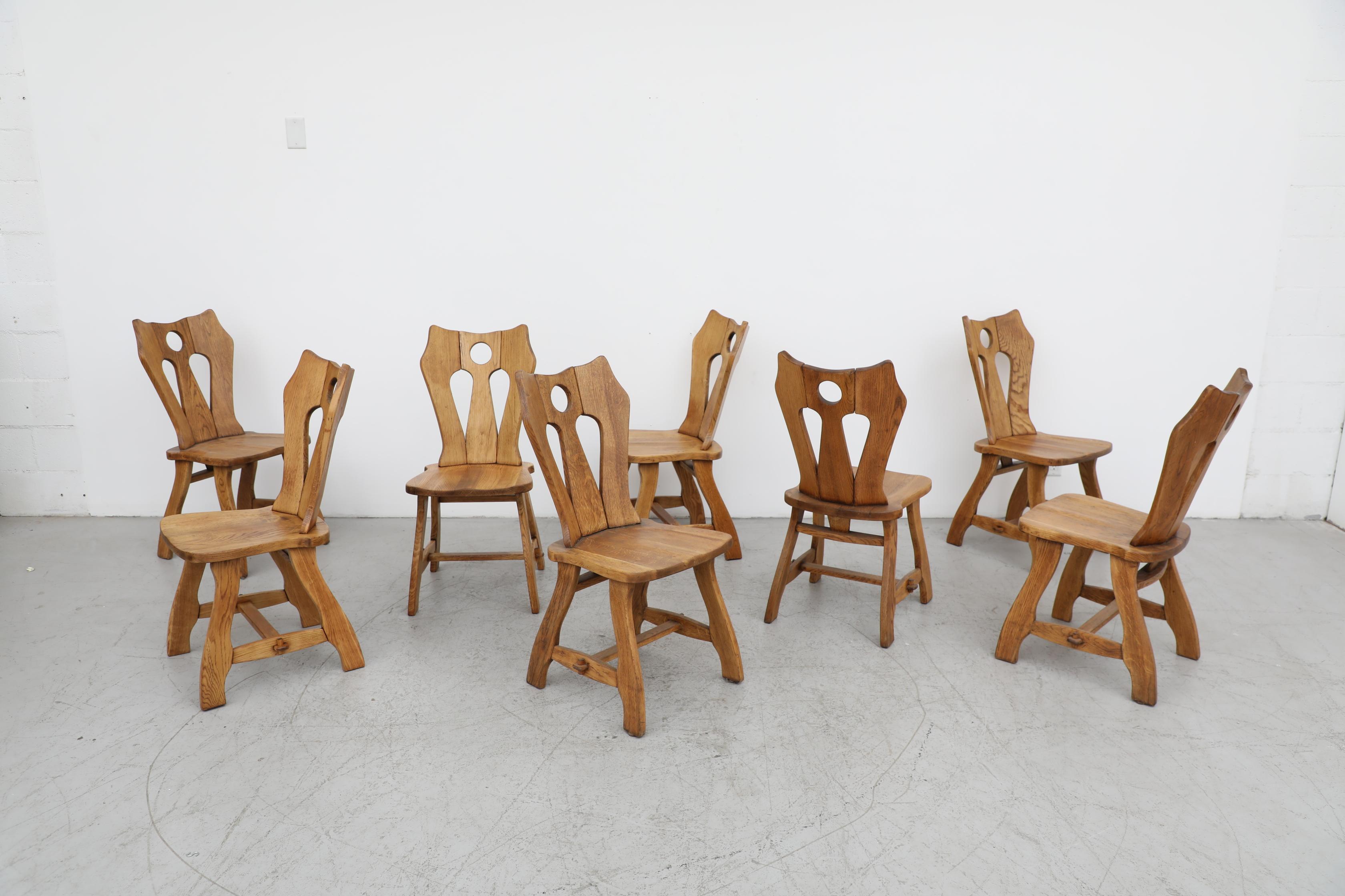 Belgian Set of 8 Mid-Century De Puydt Ornate Brutalist Oak Chairs For Sale