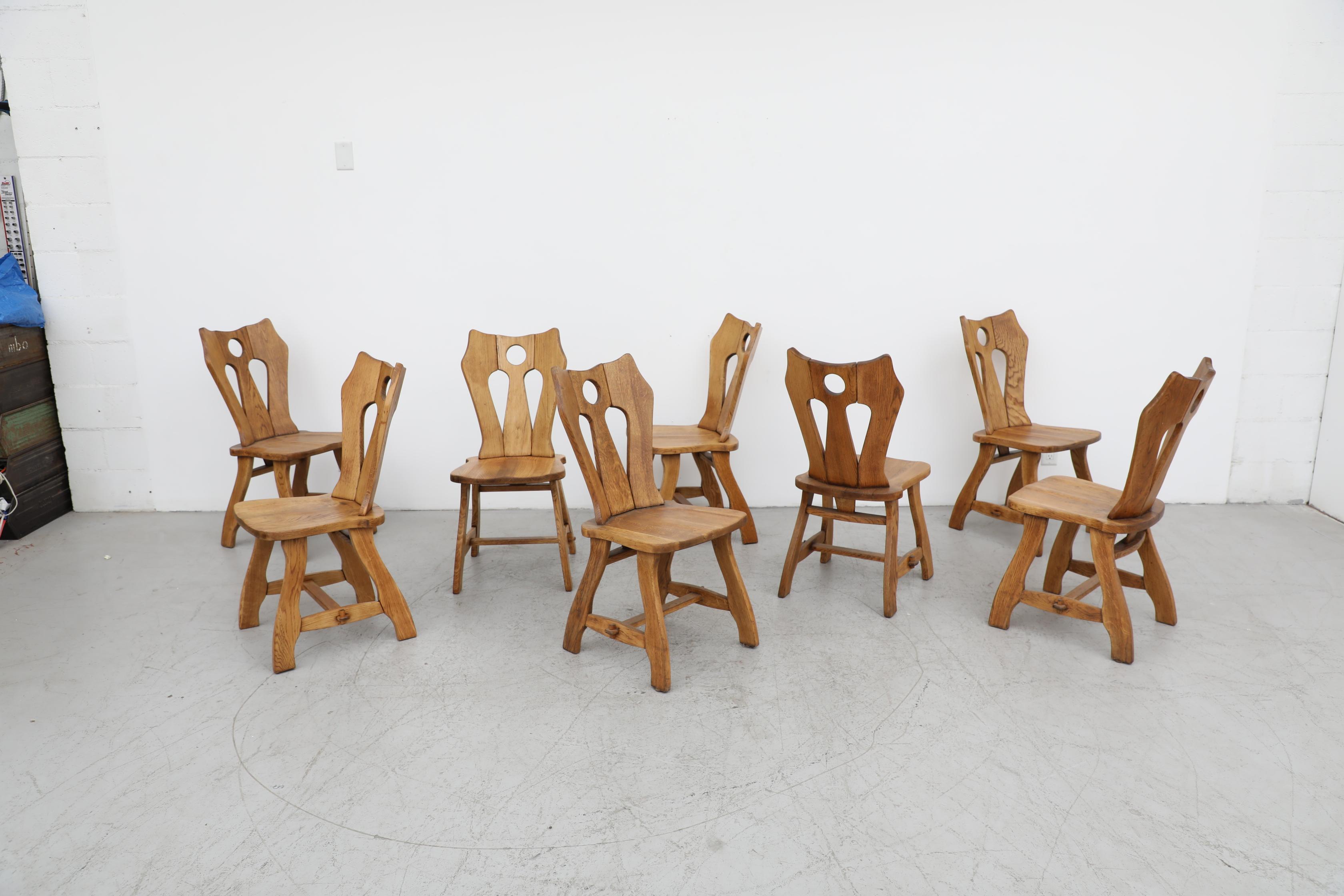 Set of 8 Mid-Century De Puydt Ornate Brutalist Oak Chairs In Good Condition For Sale In Los Angeles, CA