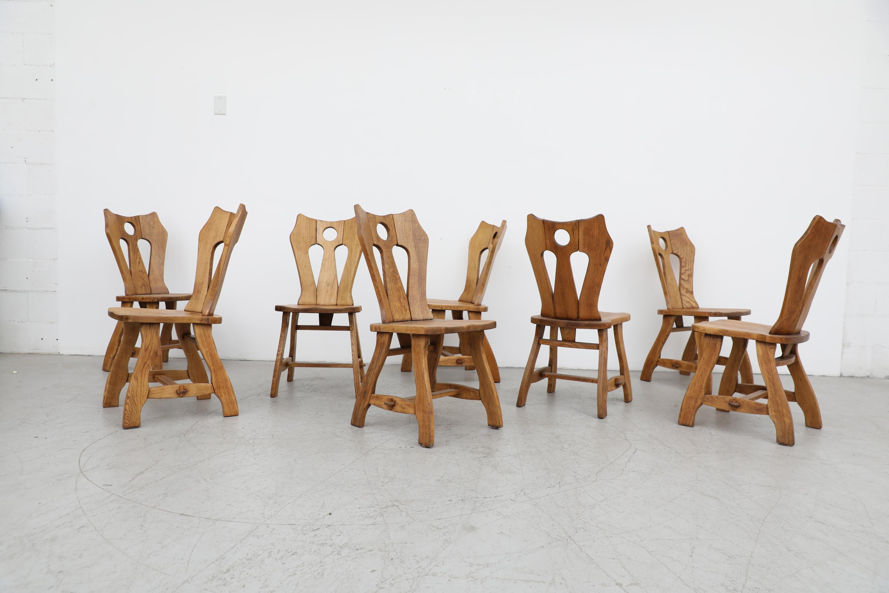 Early 17th Century Set of 8 Mid-Century De Puydt Ornate Brutalist Oak Chairs