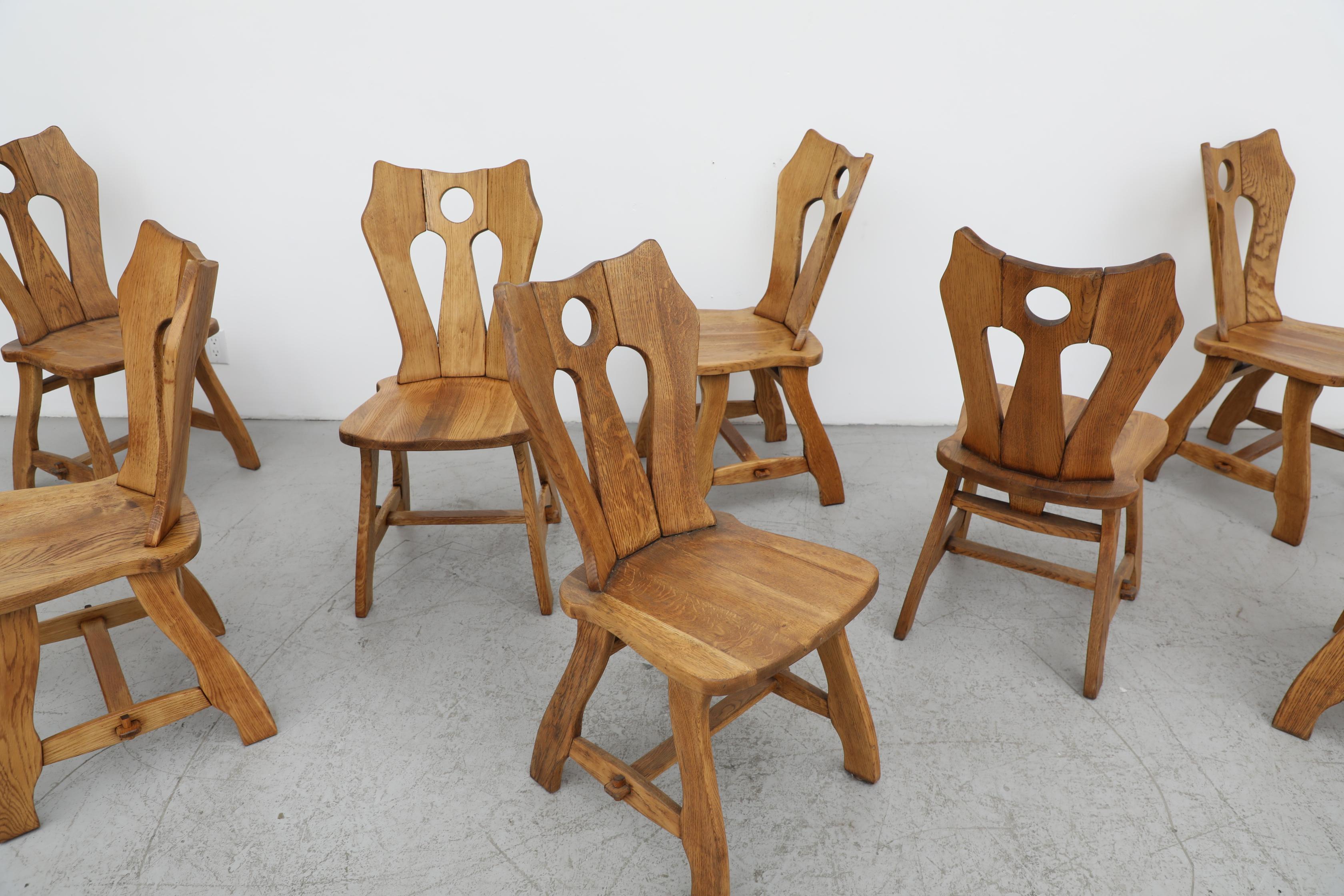 8 Stühle aus der Mitte des Jahrhunderts De Puydt Ornate Brutalist Oak Stühle (Eichenholz)