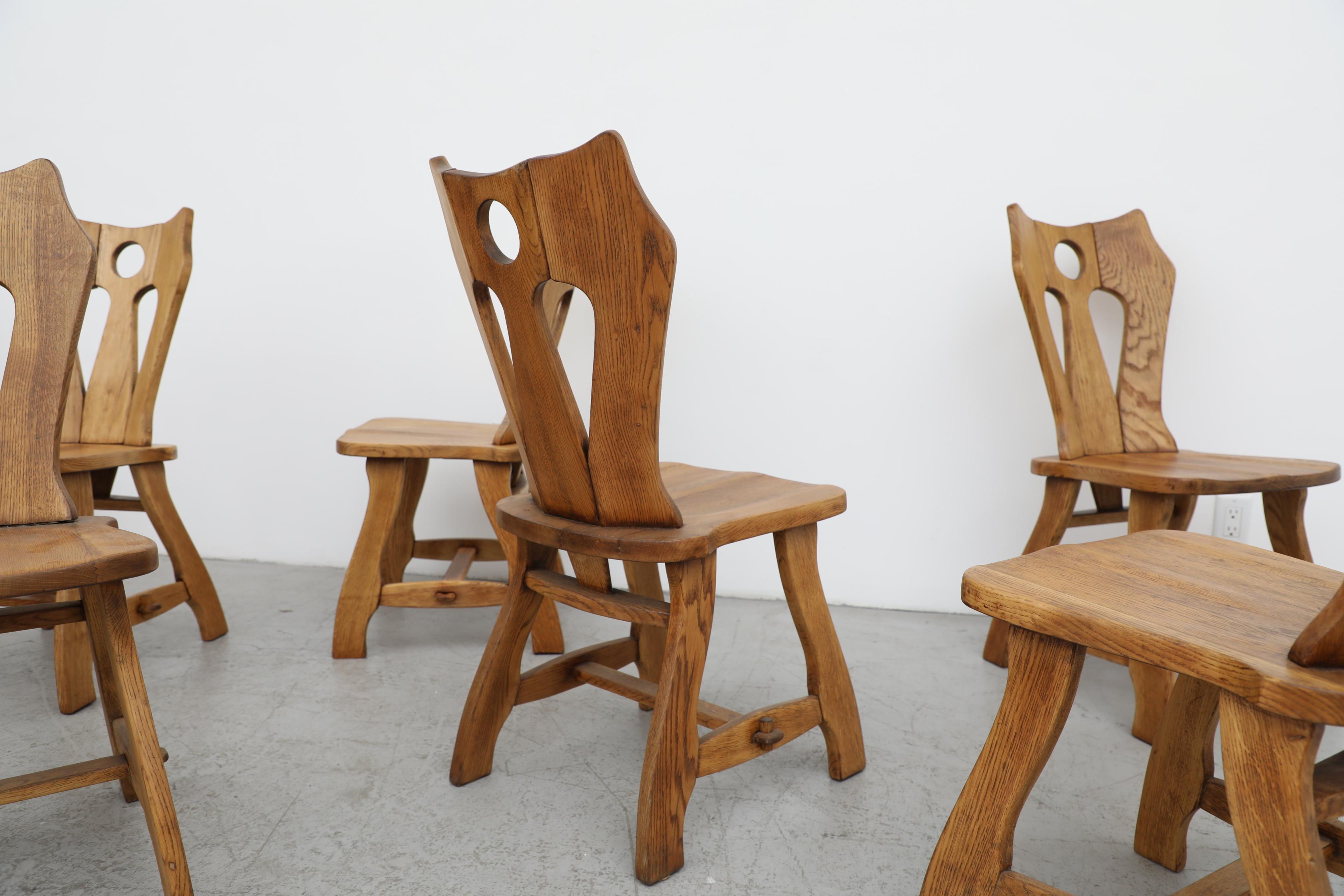 Set of 8 Mid-Century De Puydt Ornate Brutalist Oak Chairs For Sale 2