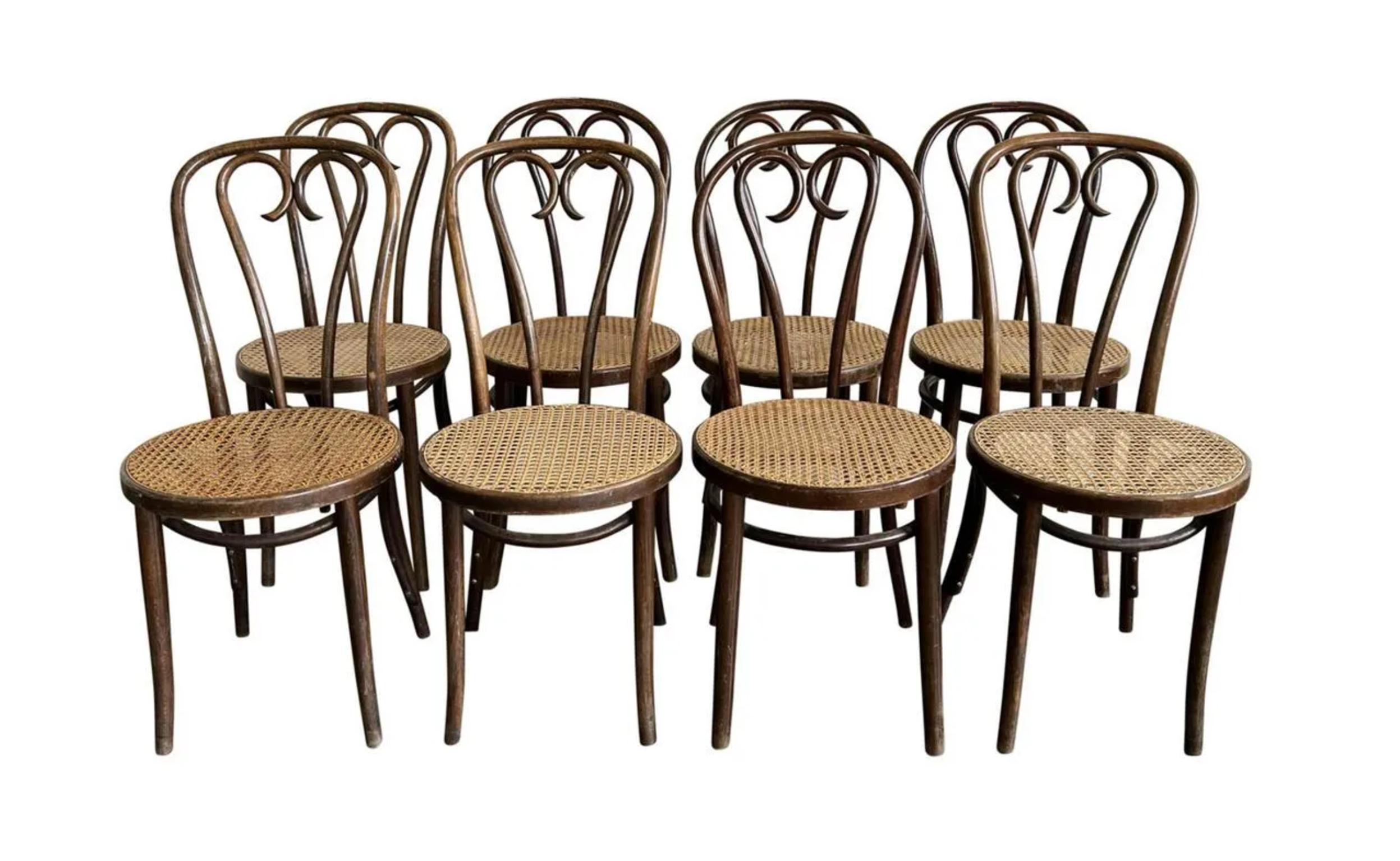 20th Century Set of 8 Midcentury Dining Cafe Cane Sweetheart Bentwood Chairs by Thonet