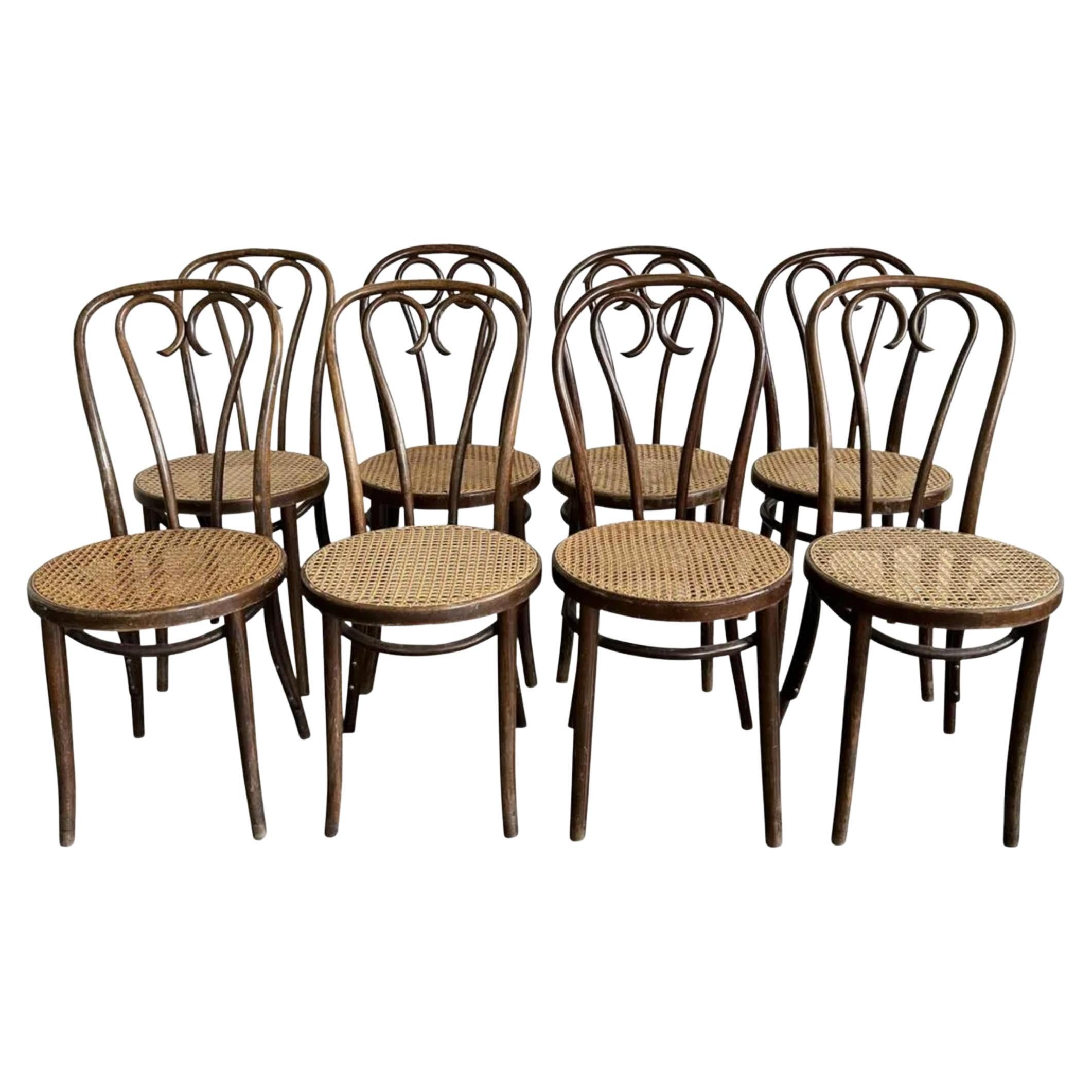 Set of 8 Midcentury Dining Cafe Cane Sweetheart Bentwood Chairs by Thonet