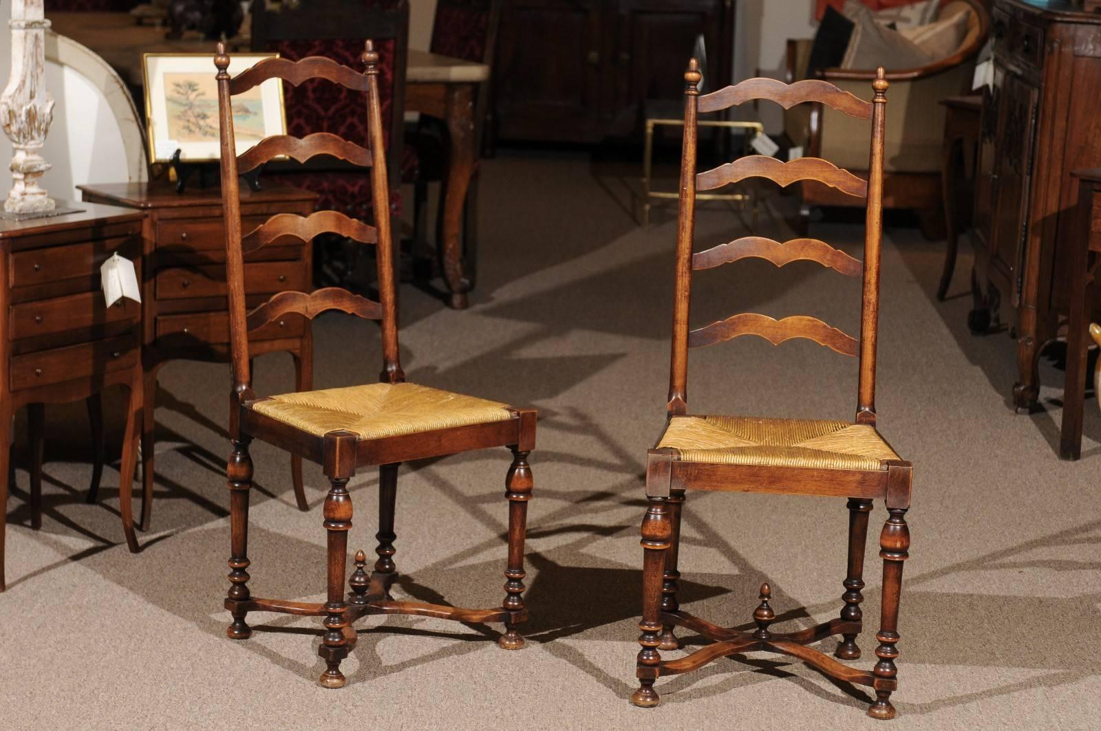 Set of Eight Midcentury French Walnut Ladderback Chairs, circa 1950 In Good Condition For Sale In Atlanta, GA