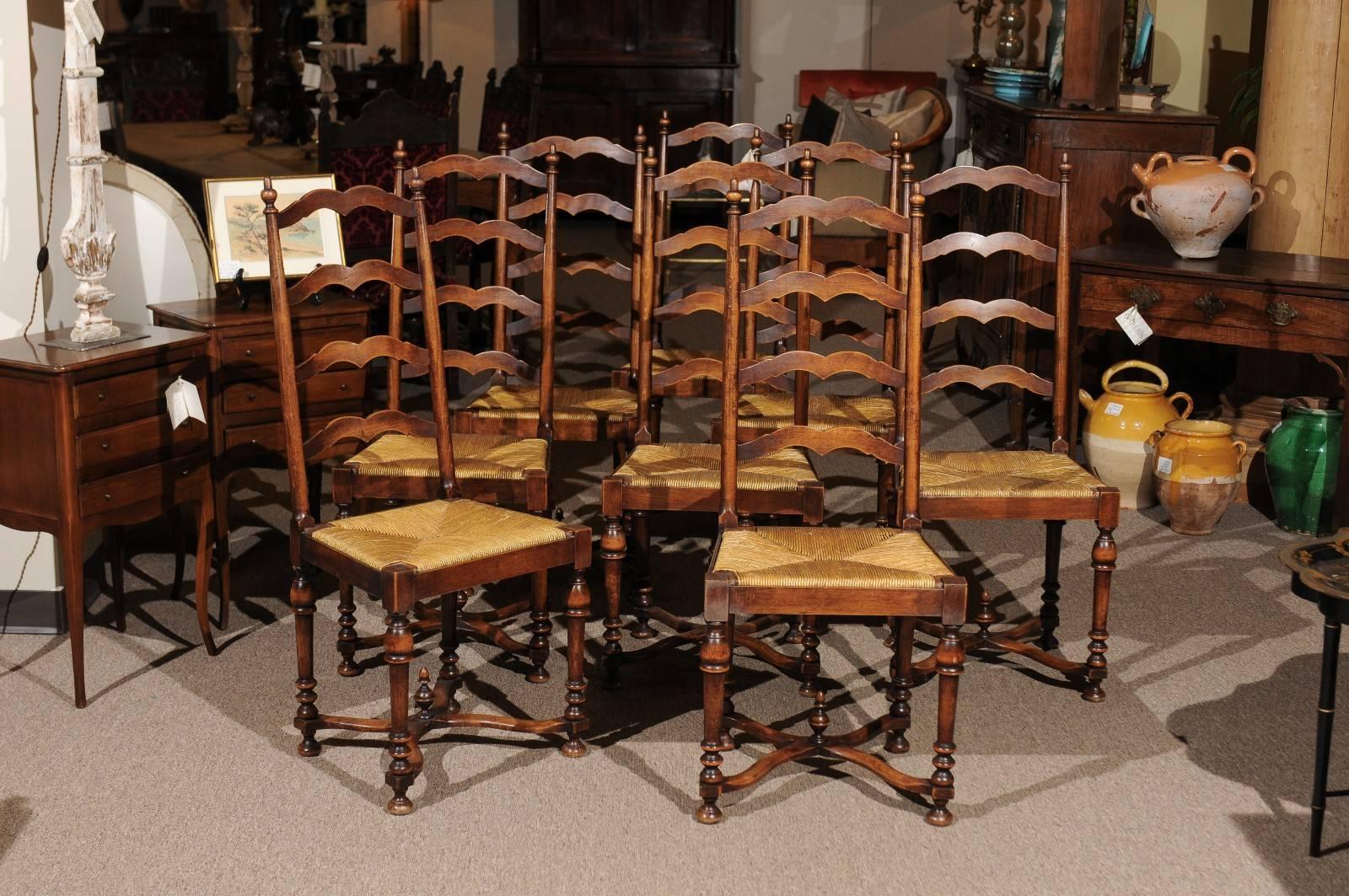 20th Century Set of Eight Midcentury French Walnut Ladderback Chairs, circa 1950 For Sale