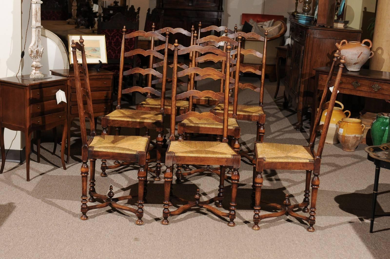 Rush Set of Eight Midcentury French Walnut Ladderback Chairs, circa 1950 For Sale