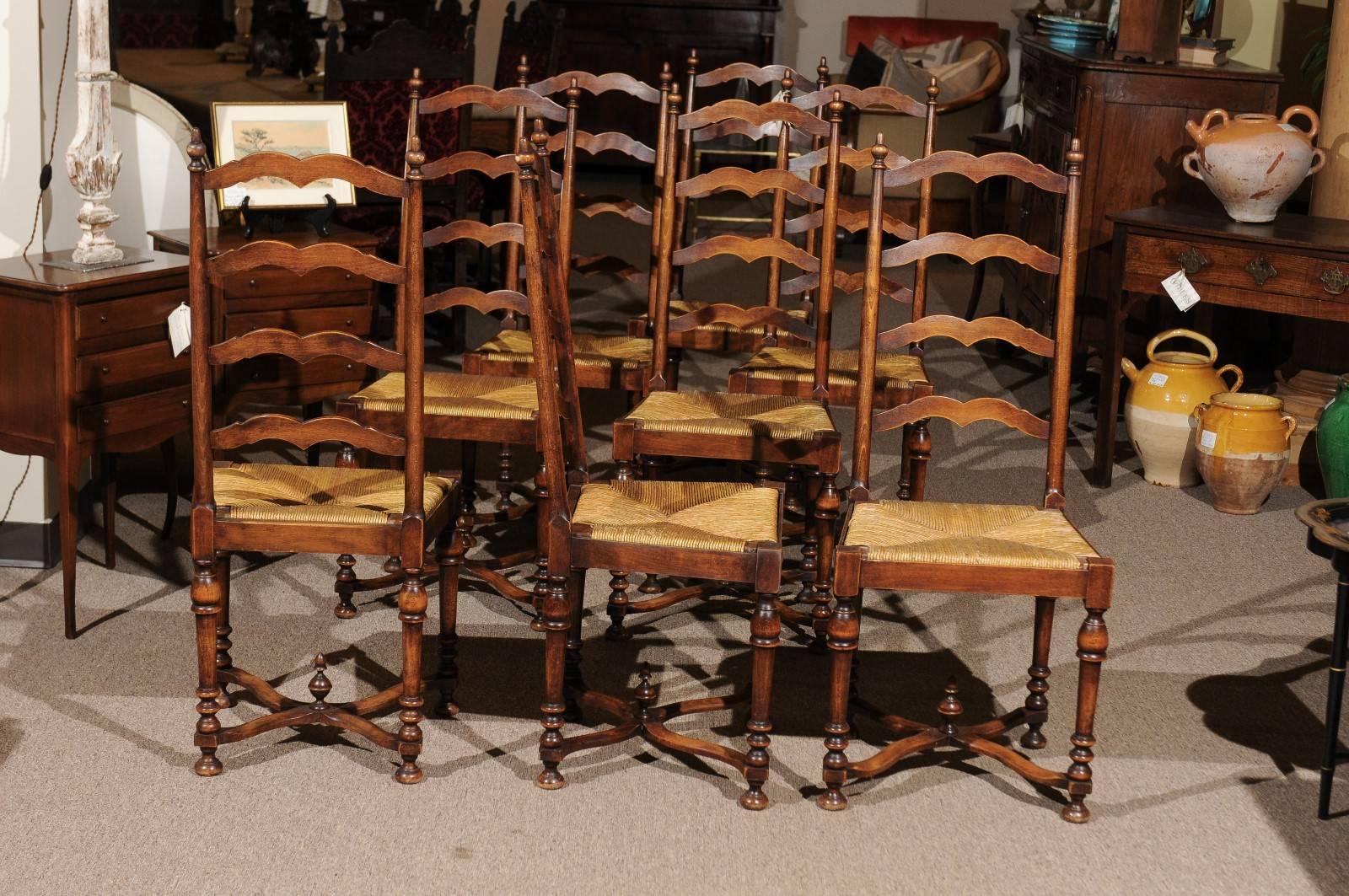 Set of Eight Midcentury French Walnut Ladderback Chairs, circa 1950 For Sale 1