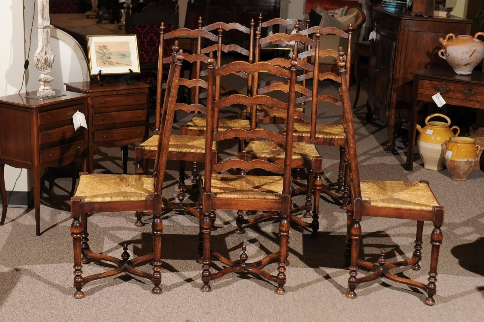 Set of Eight Midcentury French Walnut Ladderback Chairs, circa 1950 For Sale 2