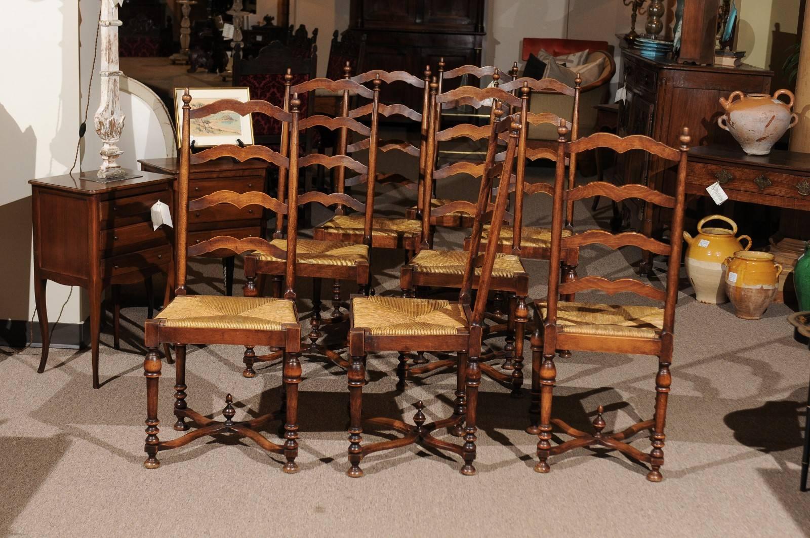 Set of Eight Midcentury French Walnut Ladderback Chairs, circa 1950 For Sale 3