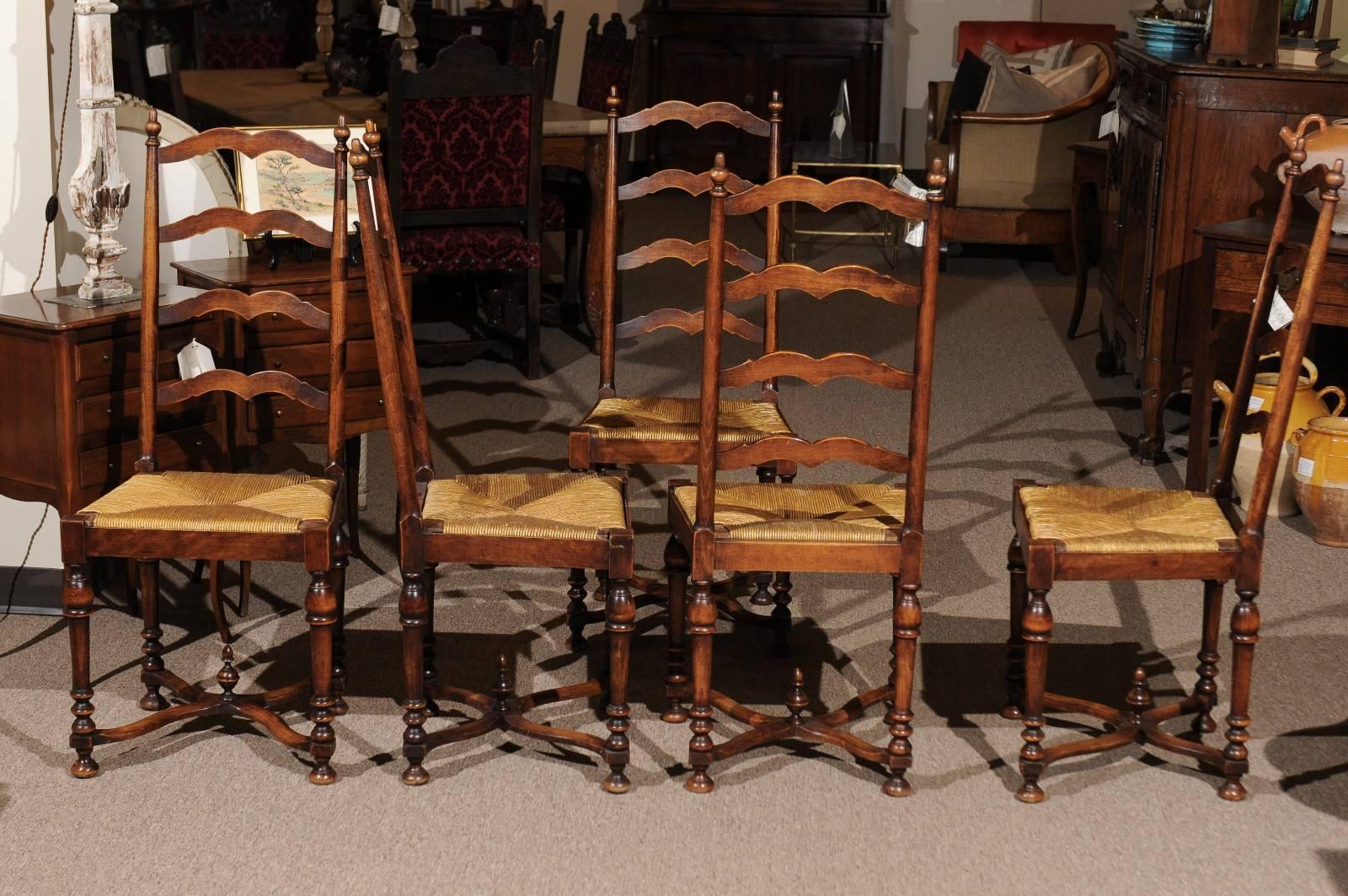 Set of Eight Midcentury French Walnut Ladderback Chairs, circa 1950 For Sale 4
