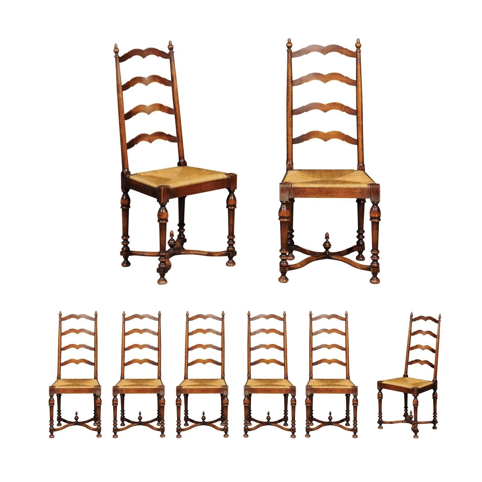 Set of Eight Midcentury French Walnut Ladderback Chairs, circa 1950 For Sale