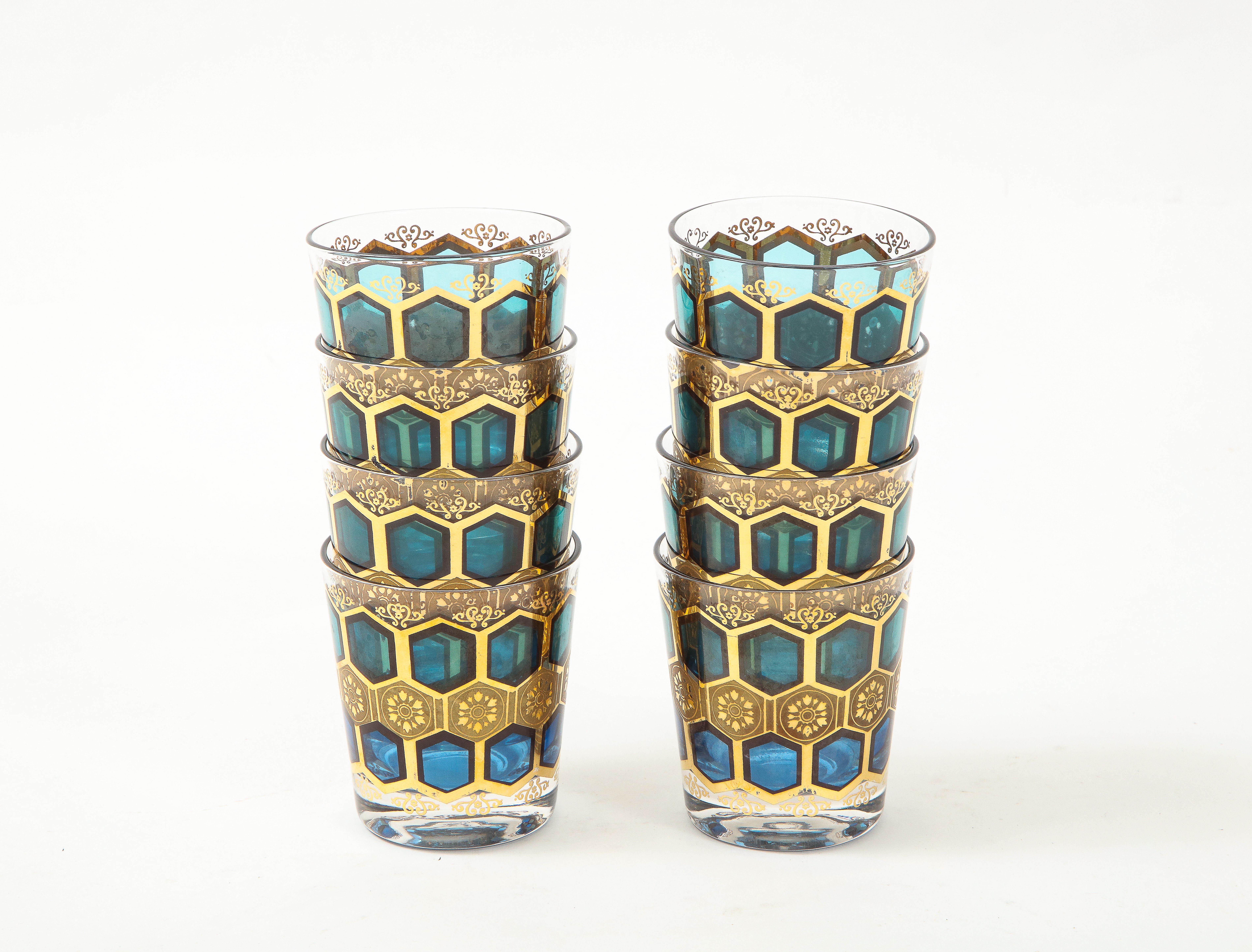 Complete set of 8 rocks glasses with blue window panes and 22kt gold electroplating. All in great condition.