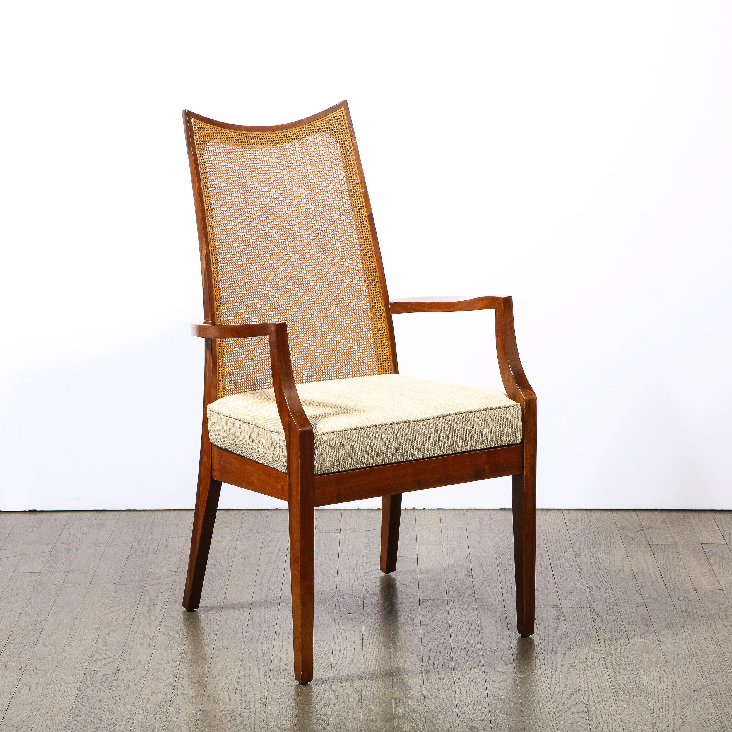 Set of 8 Mid Century Handrubbed Walnut & Cane Dining Chairs Signed John Stuart In Excellent Condition In New York, NY
