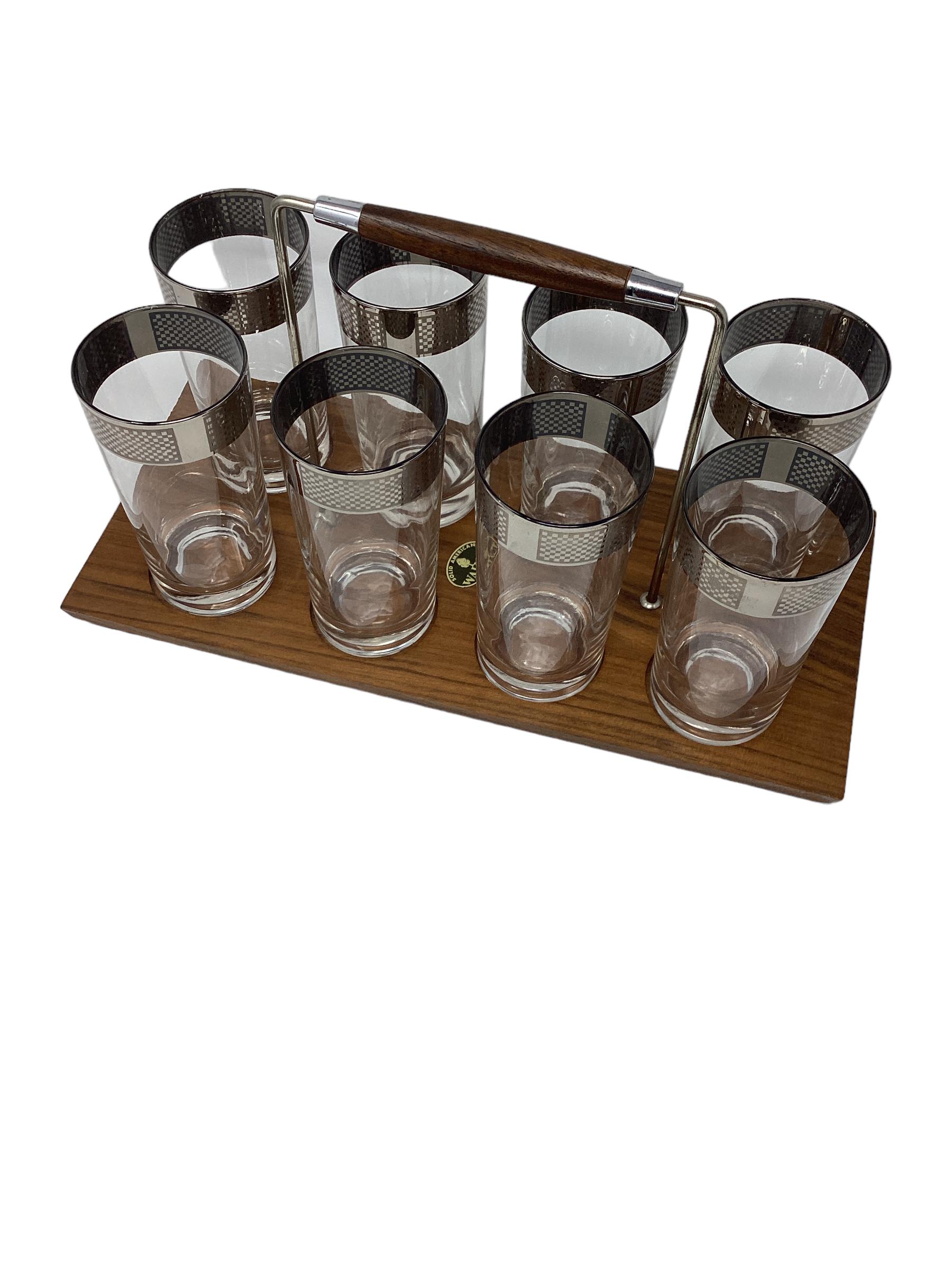 American Set of 8 Mid Century Highball Glasses with Sliver Band in Carrier For Sale