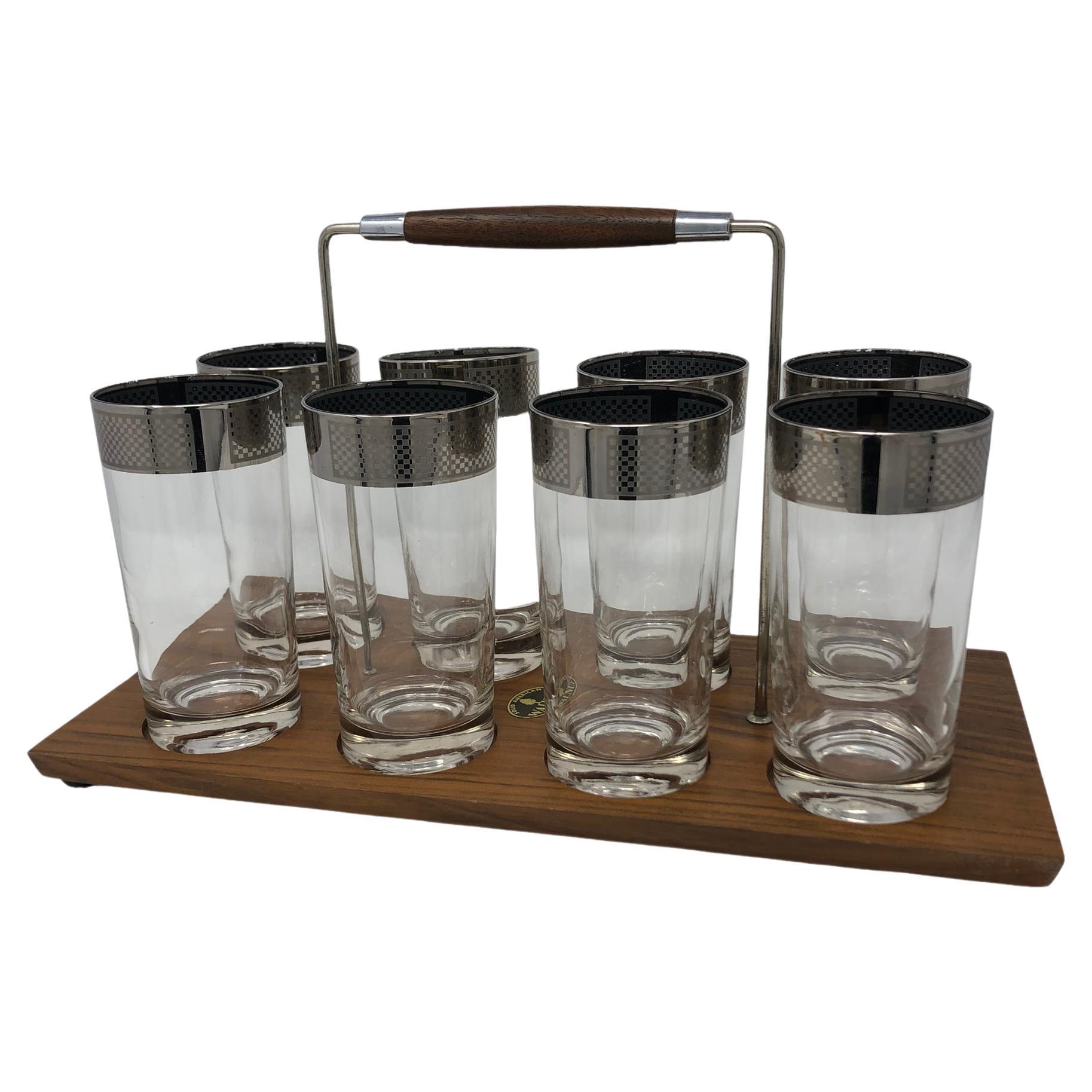 Set of 8 Mid Century Highball Glasses with Sliver Band in Carrier For Sale