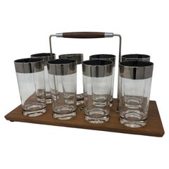 Set of 8 Mid Century Highball Glasses with Sliver Band in Carrier