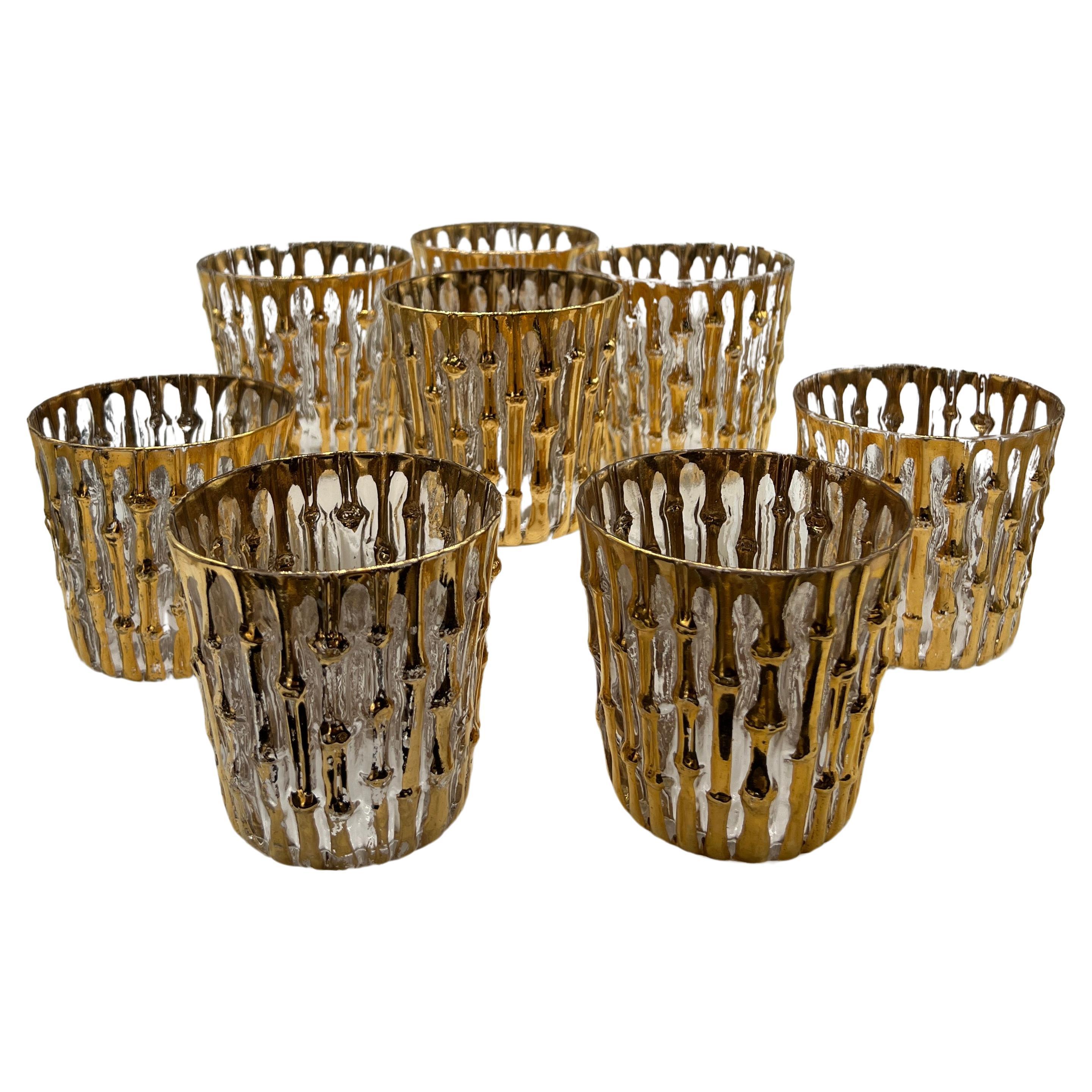 Set of 8 Mid-Century Imperial Glass Company Bamboo Rocks Glasses with 22K Gold For Sale