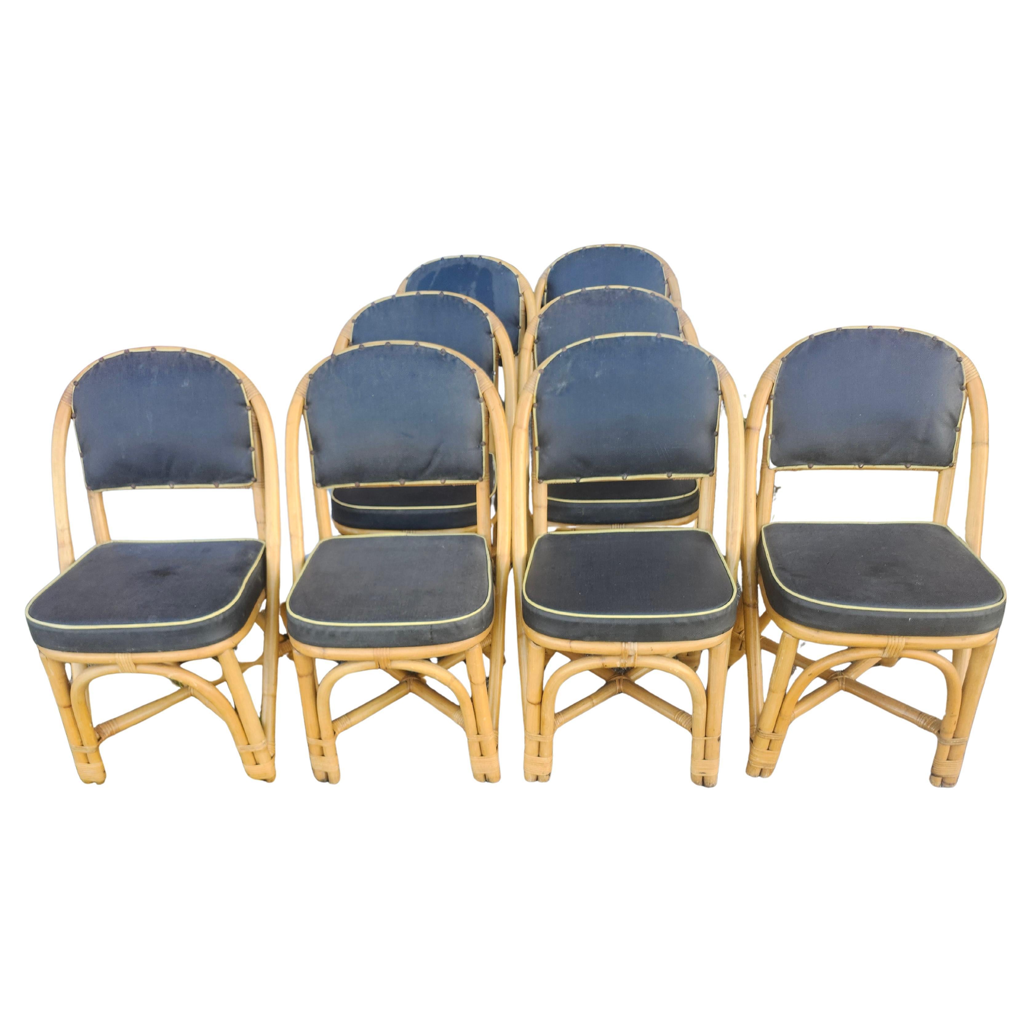 Satz von 8 Art-Deco-Bambus-Rattan-Esszimmerstühlen aus der Mitte des Jahrhunderts C1940 (Mitte des 20. Jahrhunderts) im Angebot