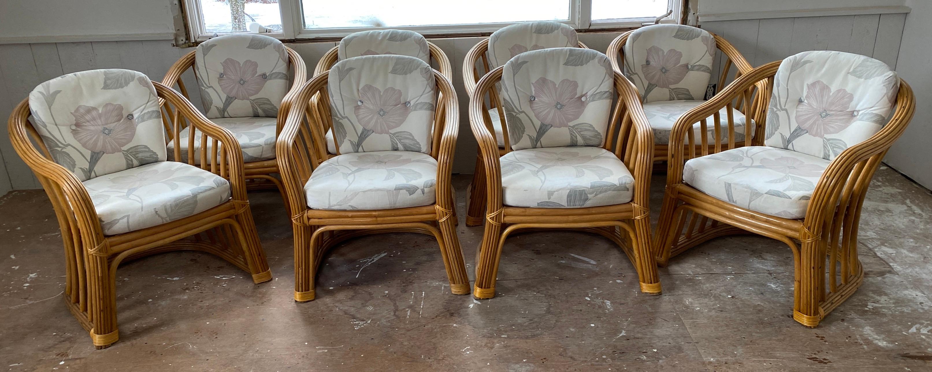 Set of 8 Mid-Century Modern Bamboo Lounging Dinging Arm Chairs In Good Condition For Sale In Sheffield, MA