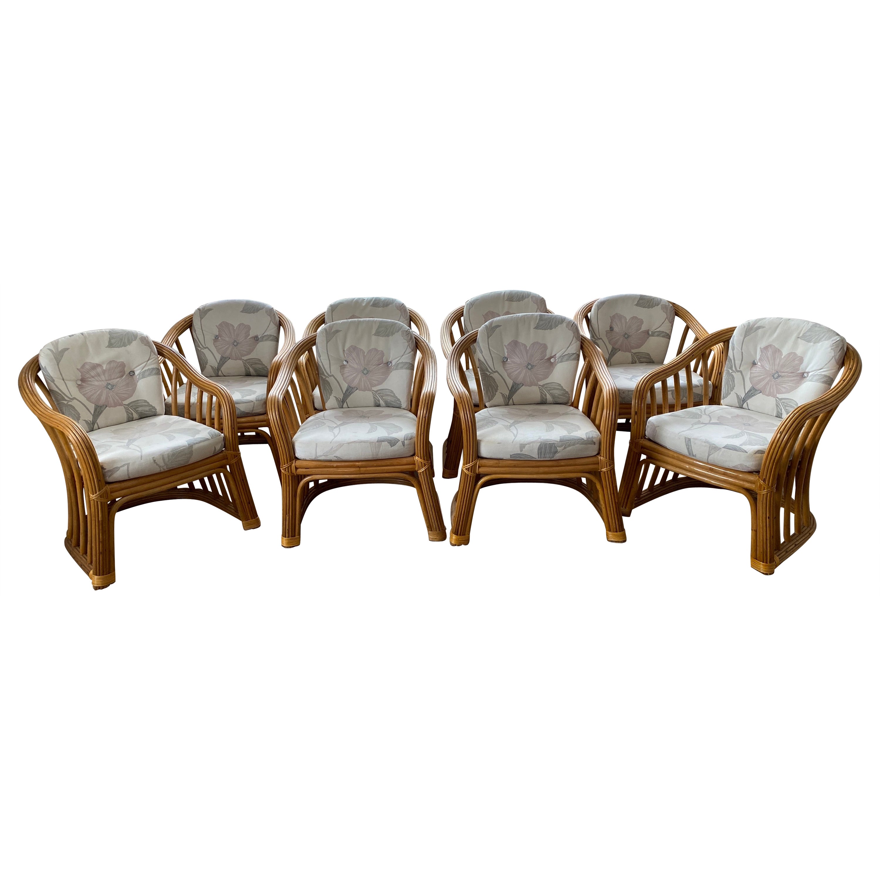 Satz von 8 Mid-Century Modern Bamboo Lounging Dinging Arm Chairs