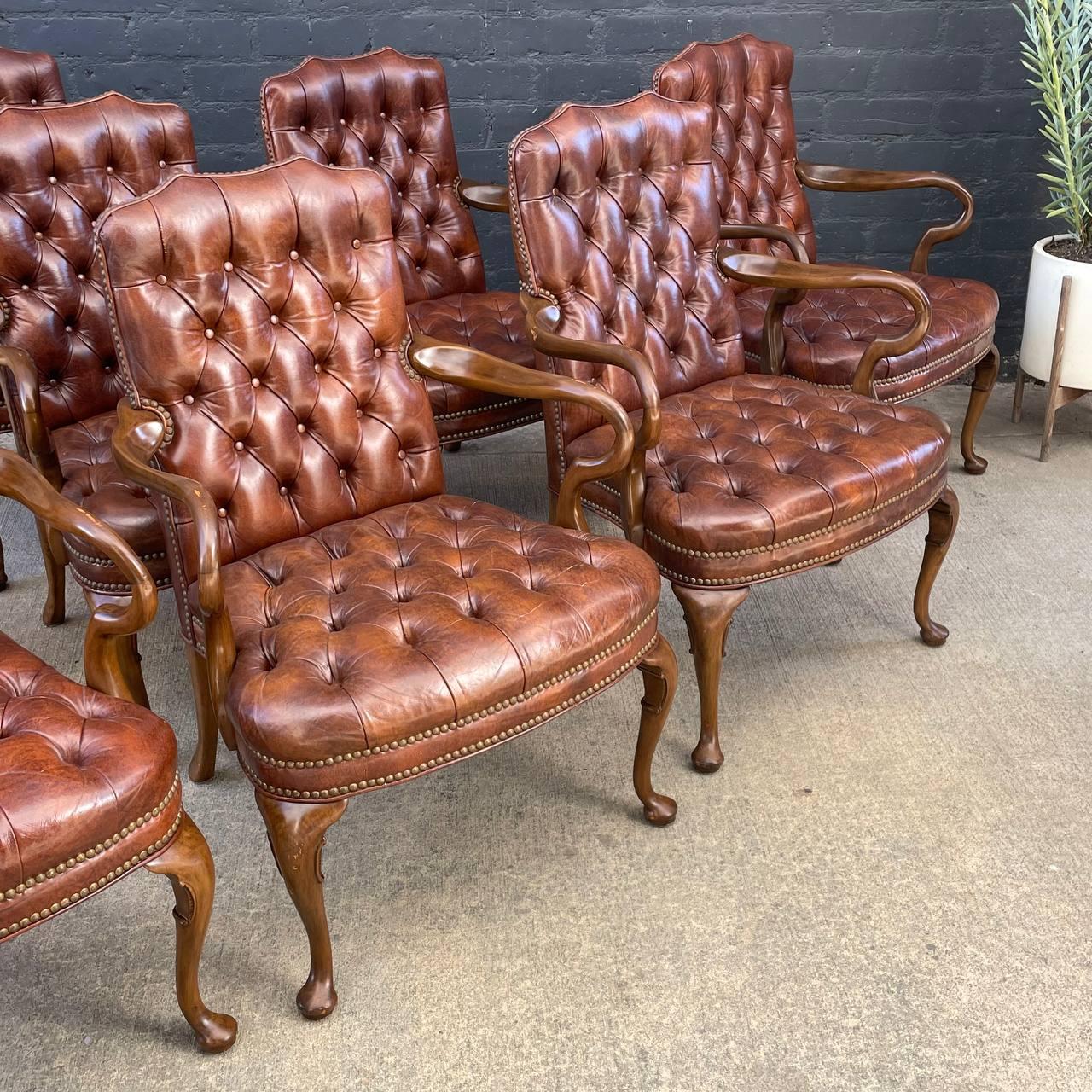 American Set of 8 Mid-Century Modern Chesterfield Style Cognac Leather Arm Chairs