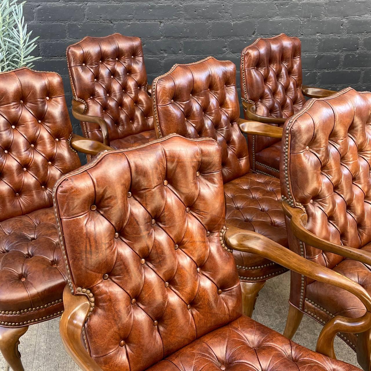 Set of 8 Mid-Century Modern Chesterfield Style Cognac Leather Arm Chairs In Good Condition In Los Angeles, CA