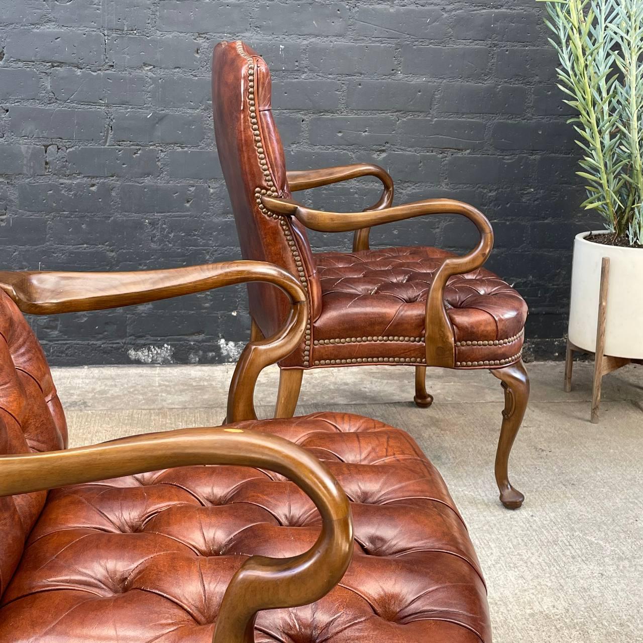 Set of 8 Mid-Century Modern Chesterfield Style Cognac Leather Arm Chairs 1