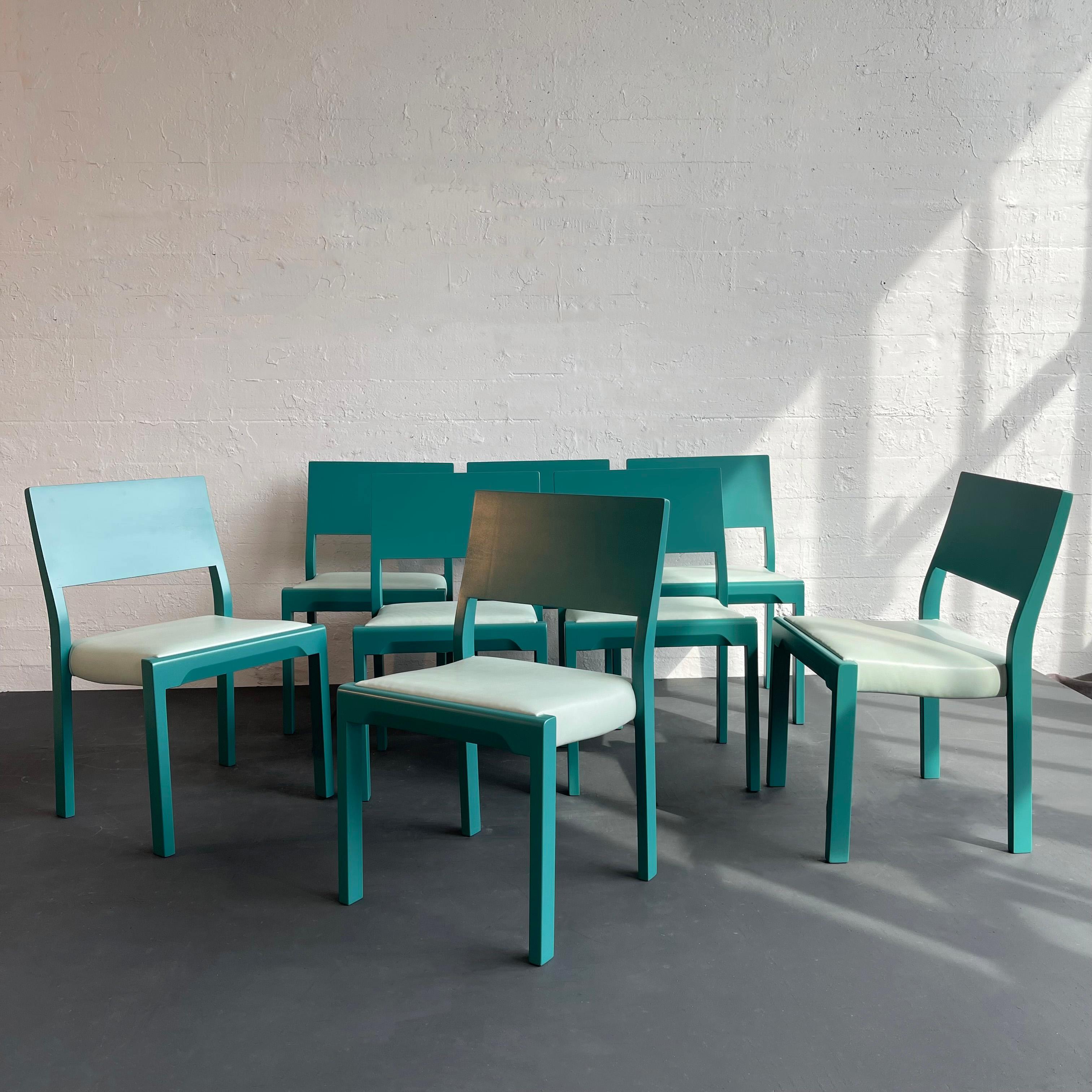 This set of eight mid-century modern, customized maple and leather dining chairs by Thonet feature a classic profile that epitomizes a timeless aesthetic. The design is characterized by a deceptively simple structured frame with interesting touches