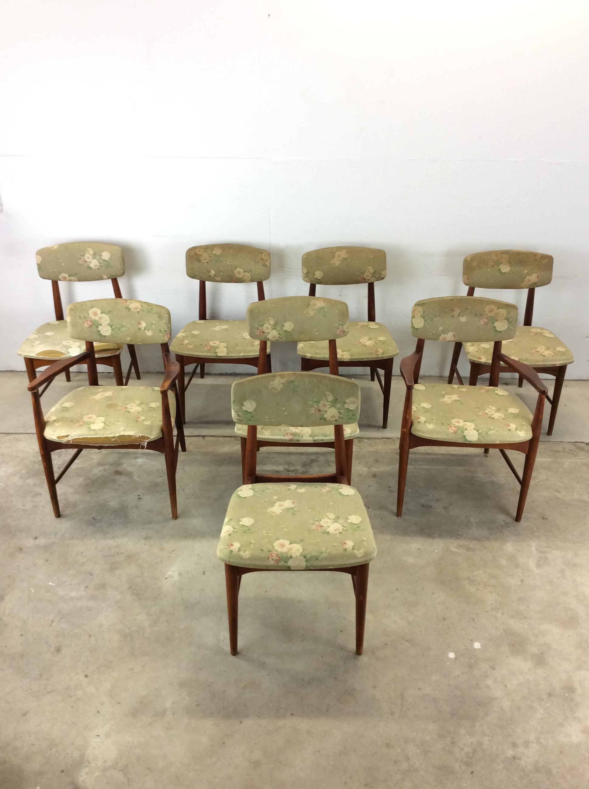 20th Century Set of 8 Mid Century Modern Dining Room Chairs with Vintage Upholstery