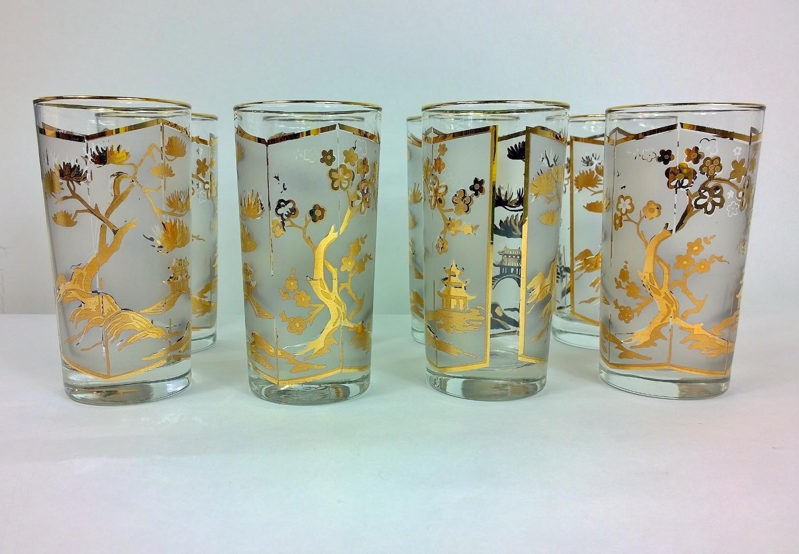 S/8 Gold Gilt and Frosted Overly Chinoiserie Fred Press Style Cocktail Glasses 4