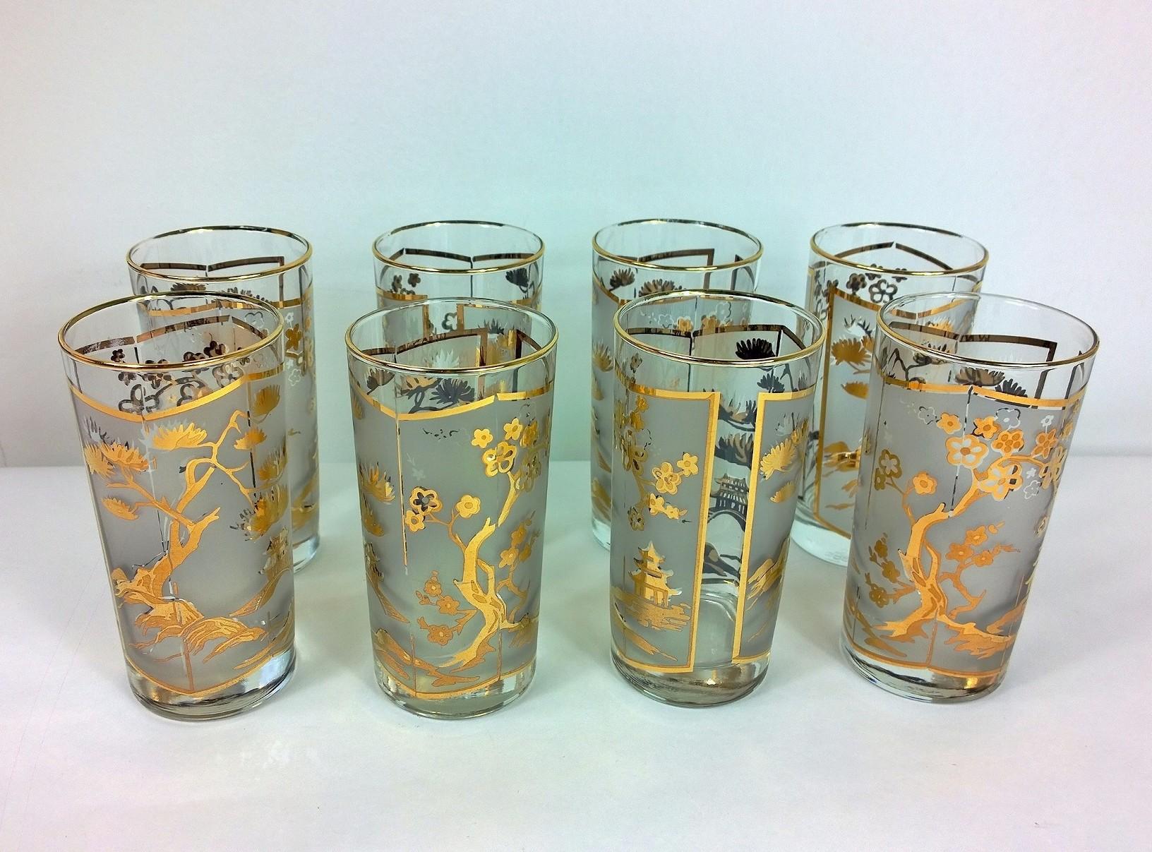 S/8 Gold Gilt and Frosted Overly Chinoiserie Fred Press Style Cocktail Glasses 5