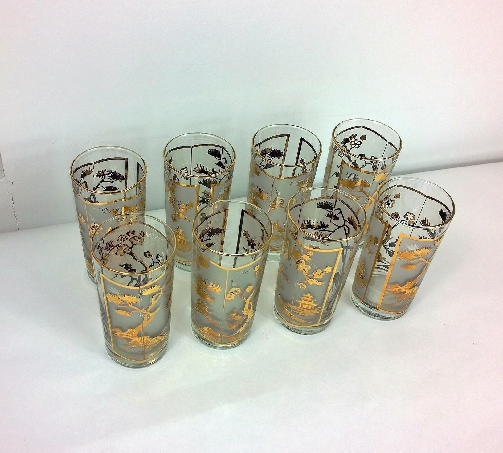 Mid-Century Modern S/8 Gold Gilt and Frosted Overly Chinoiserie Fred Press Style Cocktail Glasses