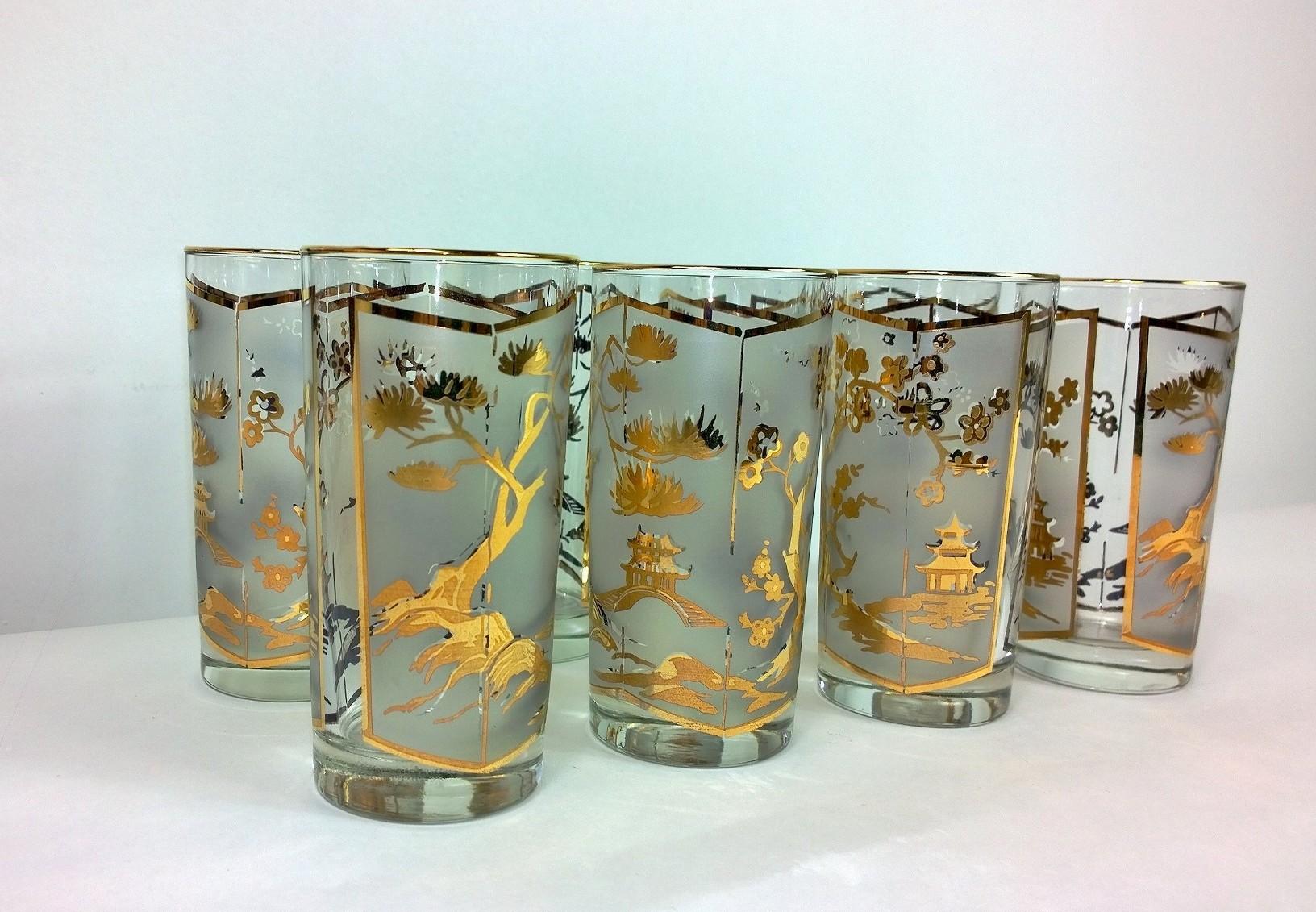 American S/8 Gold Gilt and Frosted Overly Chinoiserie Fred Press Style Cocktail Glasses