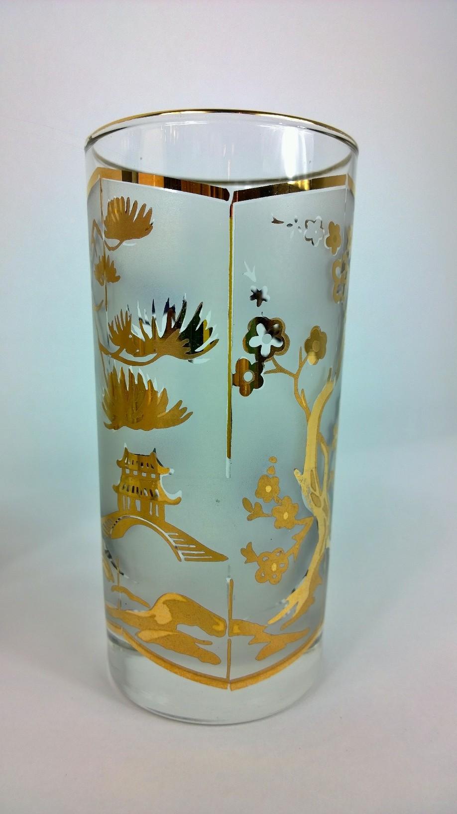 S/8 Gold Gilt and Frosted Overly Chinoiserie Fred Press Style Cocktail Glasses 2