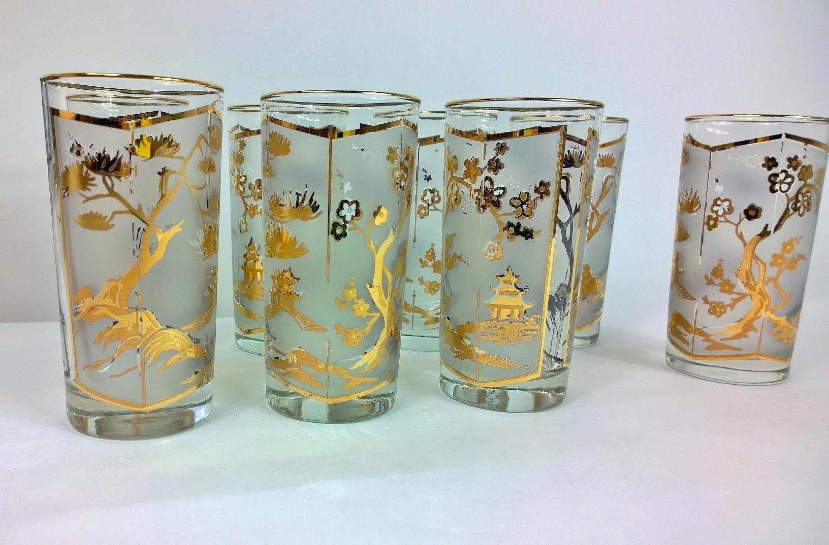 S/8 Gold Gilt and Frosted Overly Chinoiserie Fred Press Style Cocktail Glasses 3