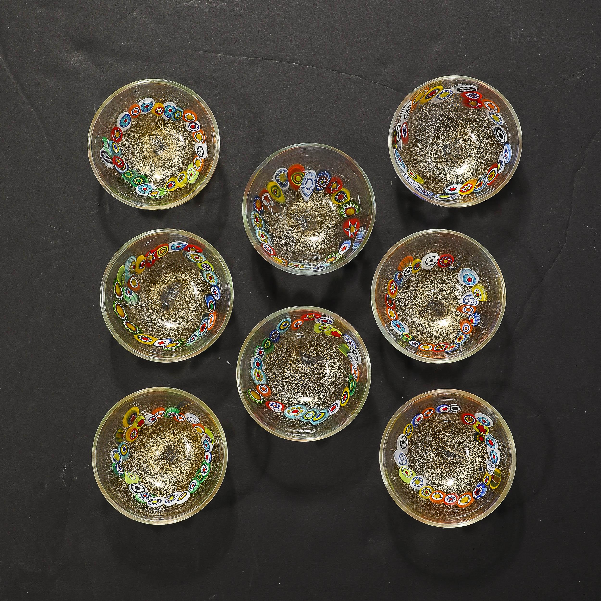 Ensemble de 8 bols millifiori de Murano soufflés à la main et or 24 carats, de style mi-siècle moderne en vente 7