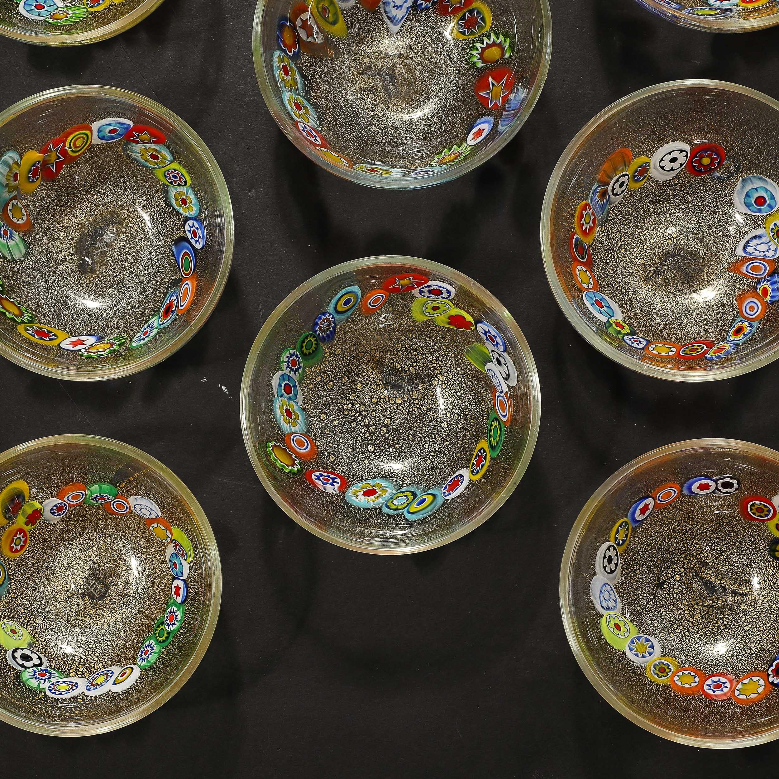 Ensemble de 8 bols millifiori de Murano soufflés à la main et or 24 carats, de style mi-siècle moderne en vente 9