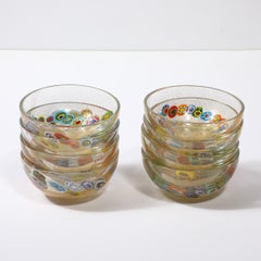 Set of 8 Mid-Century Modern Hand-Blown Murano Millifiori & 24K Gold Fleck Bowls