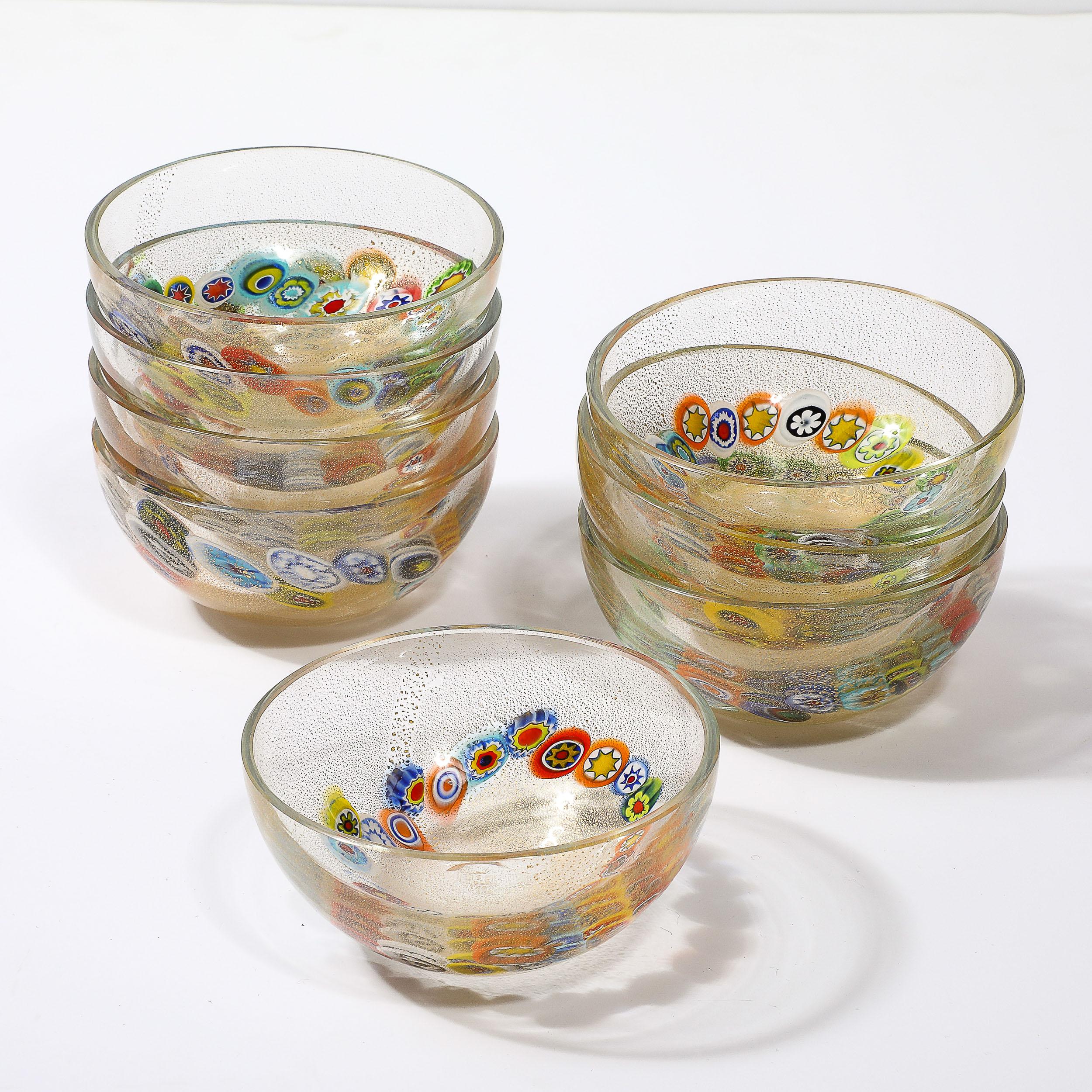 Mid-Century Modern Ensemble de 8 bols millifiori de Murano soufflés à la main et or 24 carats, de style mi-siècle moderne en vente