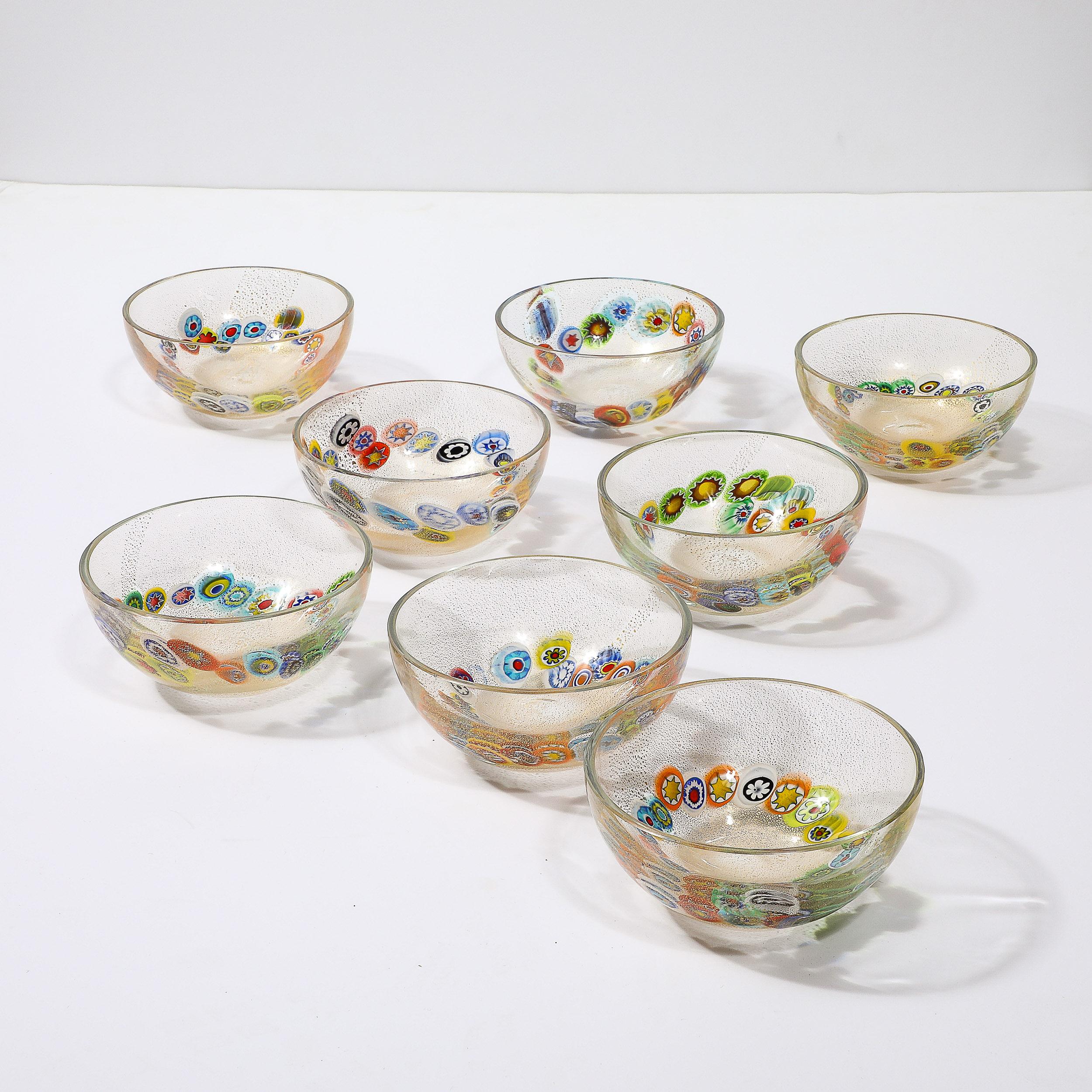 Milieu du XXe siècle Ensemble de 8 bols millifiori de Murano soufflés à la main et or 24 carats, de style mi-siècle moderne en vente