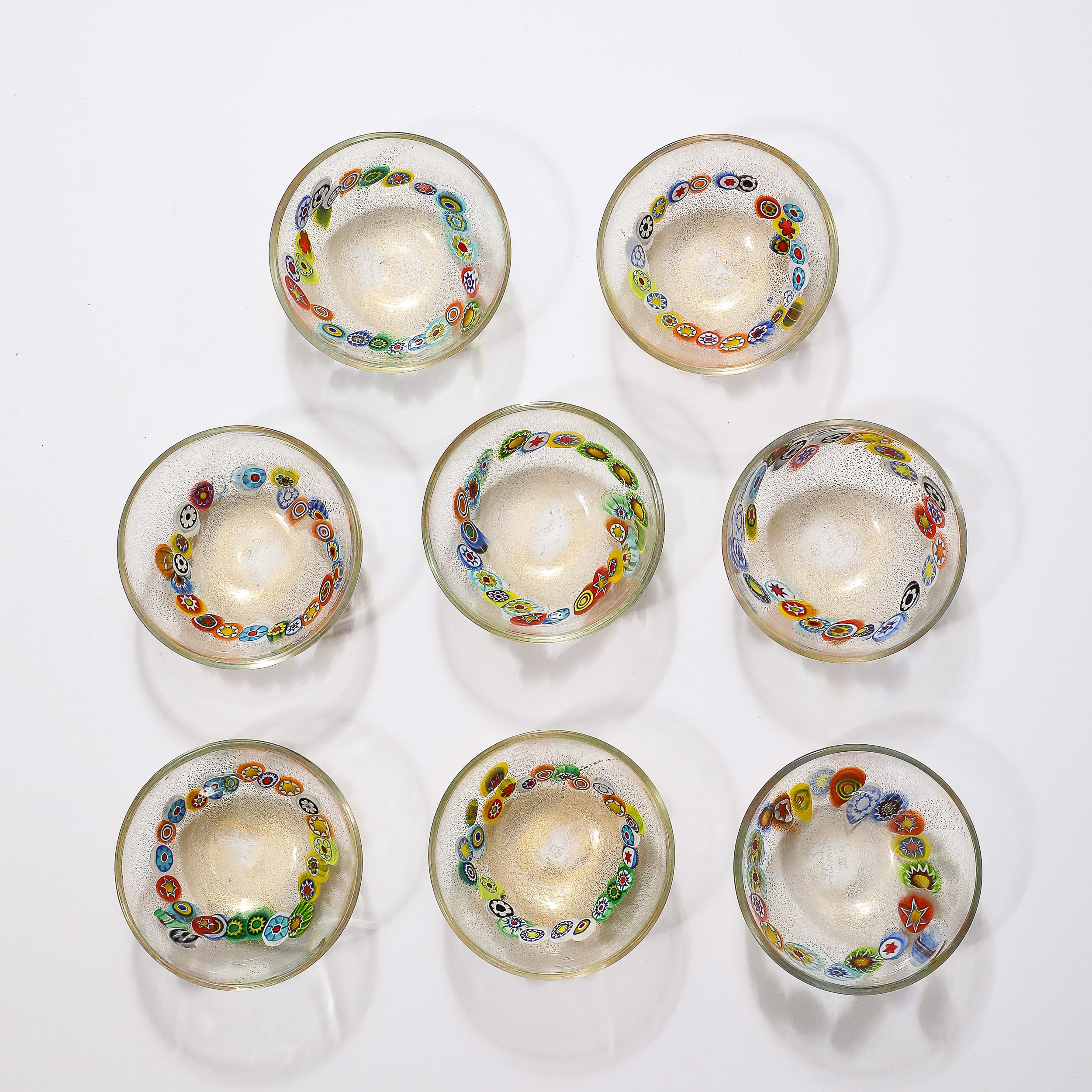 Or Ensemble de 8 bols millifiori de Murano soufflés à la main et or 24 carats, de style mi-siècle moderne en vente