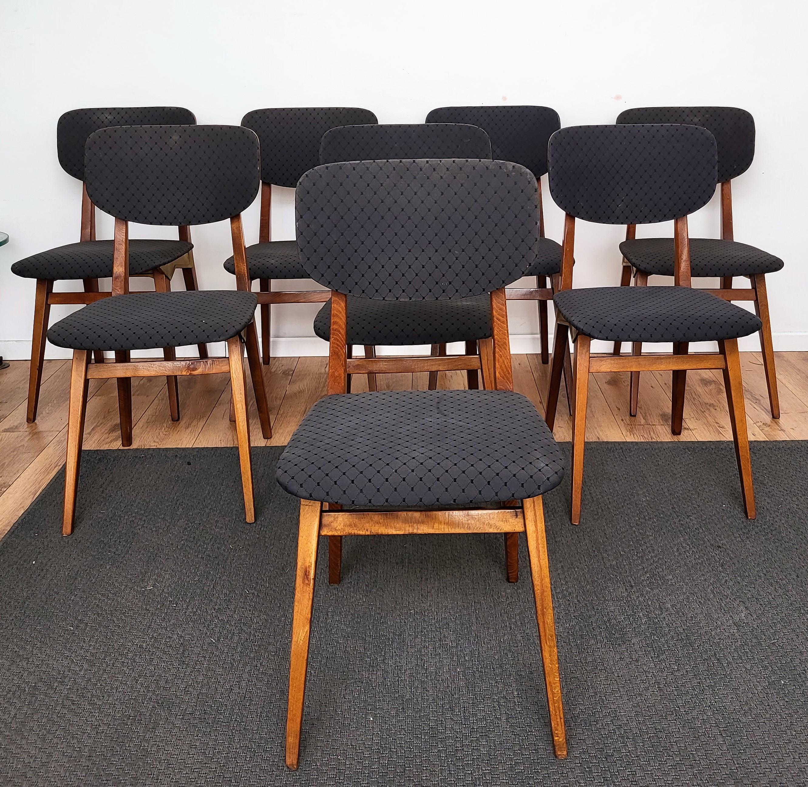 Set of 8 Mid-Century Modern Italian Walnut Wood Brass Upholstered Dining Chairs For Sale 4