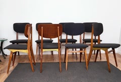 Set of 8 Mid-Century Modern Italian Walnut Wood Brass Upholstered Dining Chairs