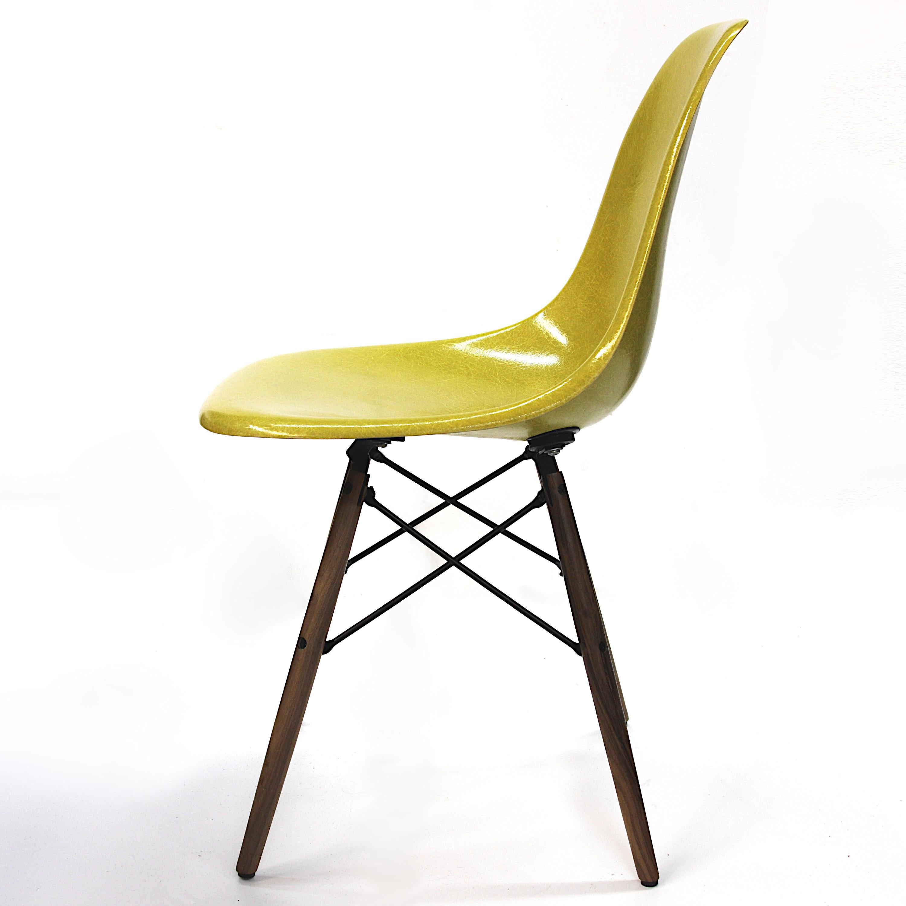 Mid-Century Modern Set of 8 Mid Century Modern Mustard Yellow Dowel Base Eames Dining Shell Chairs