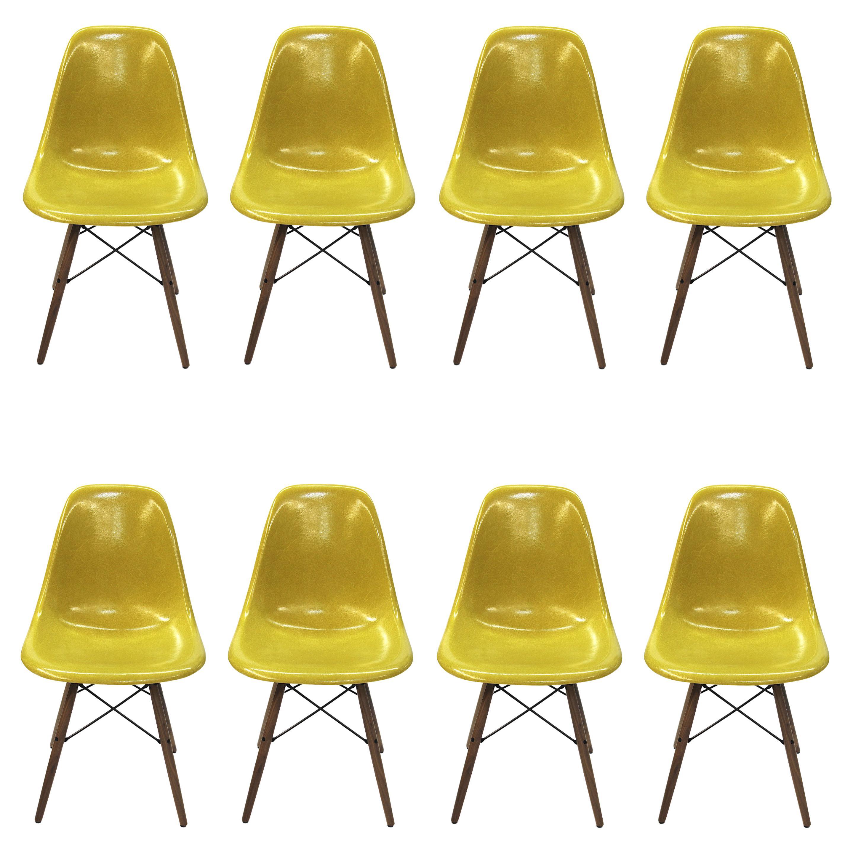 Set of 8 Mid Century Modern Mustard Yellow Dowel Base Eames Dining Shell Chairs
