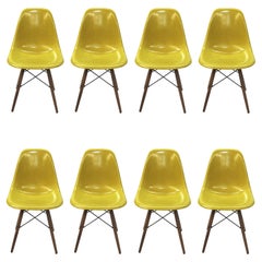 Set of 8 Mid Century Modern Mustard Yellow Dowel Base Eames Dining Shell Chairs