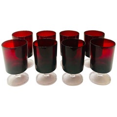Set of 8 Mid-Century Modern Red Garnet Wine Goblets by Cristal d'Arques