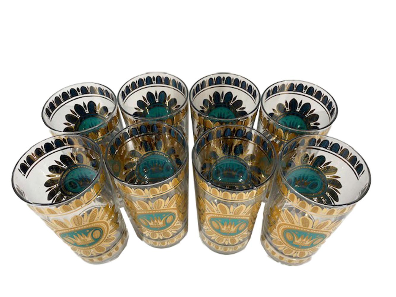 Eight vintage highball glasses designed by Georges Briard in the Regalia pattern in 22k gold with aqua and blue detail.